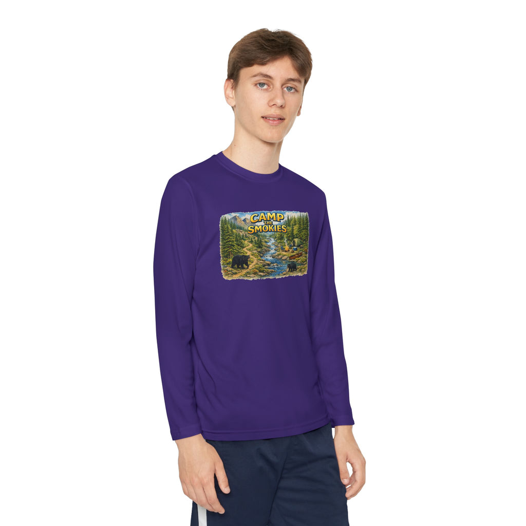 Camp Smokies Youth Long Sleeve Tee — Scenic Mountain River Camping Design