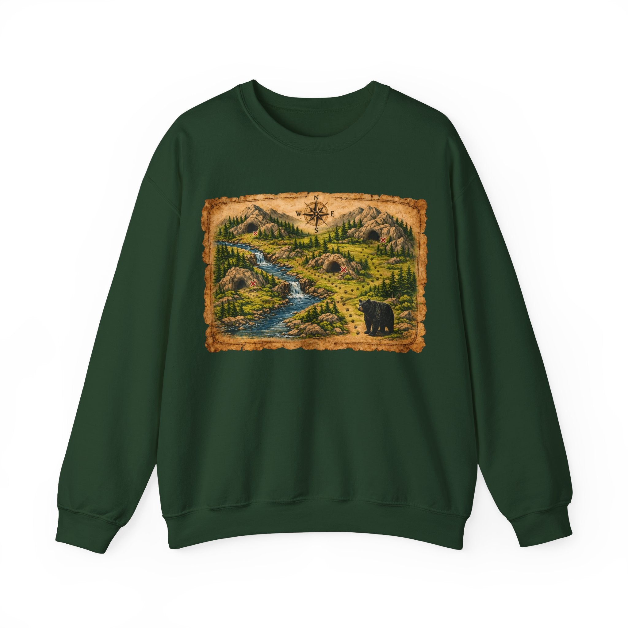 Bear Cave Treasure Map Unisex Crewneck Sweatshirt — Vintage Wilderness Map Graphic