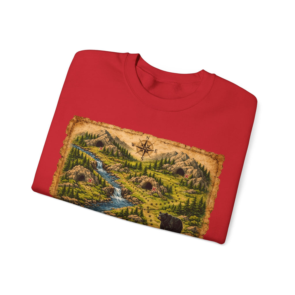 Bear Cave Treasure Map Unisex Crewneck Sweatshirt — Vintage Wilderness Map Graphic