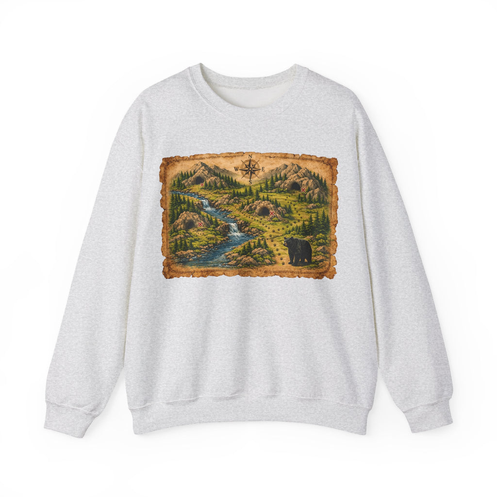 Bear Cave Treasure Map Unisex Crewneck Sweatshirt — Vintage Wilderness Map Graphic
