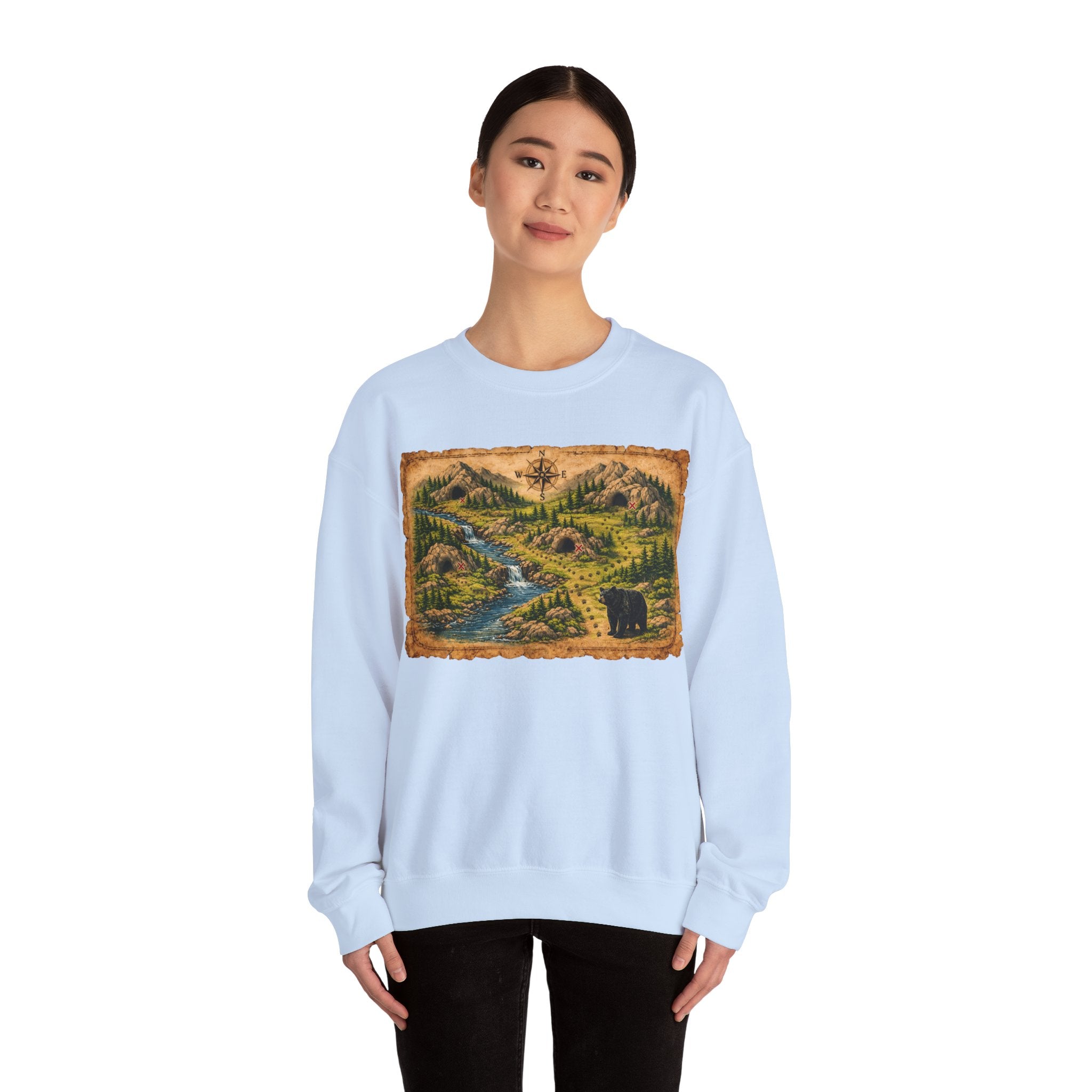 Bear Cave Treasure Map Unisex Crewneck Sweatshirt — Vintage Wilderness Map Graphic