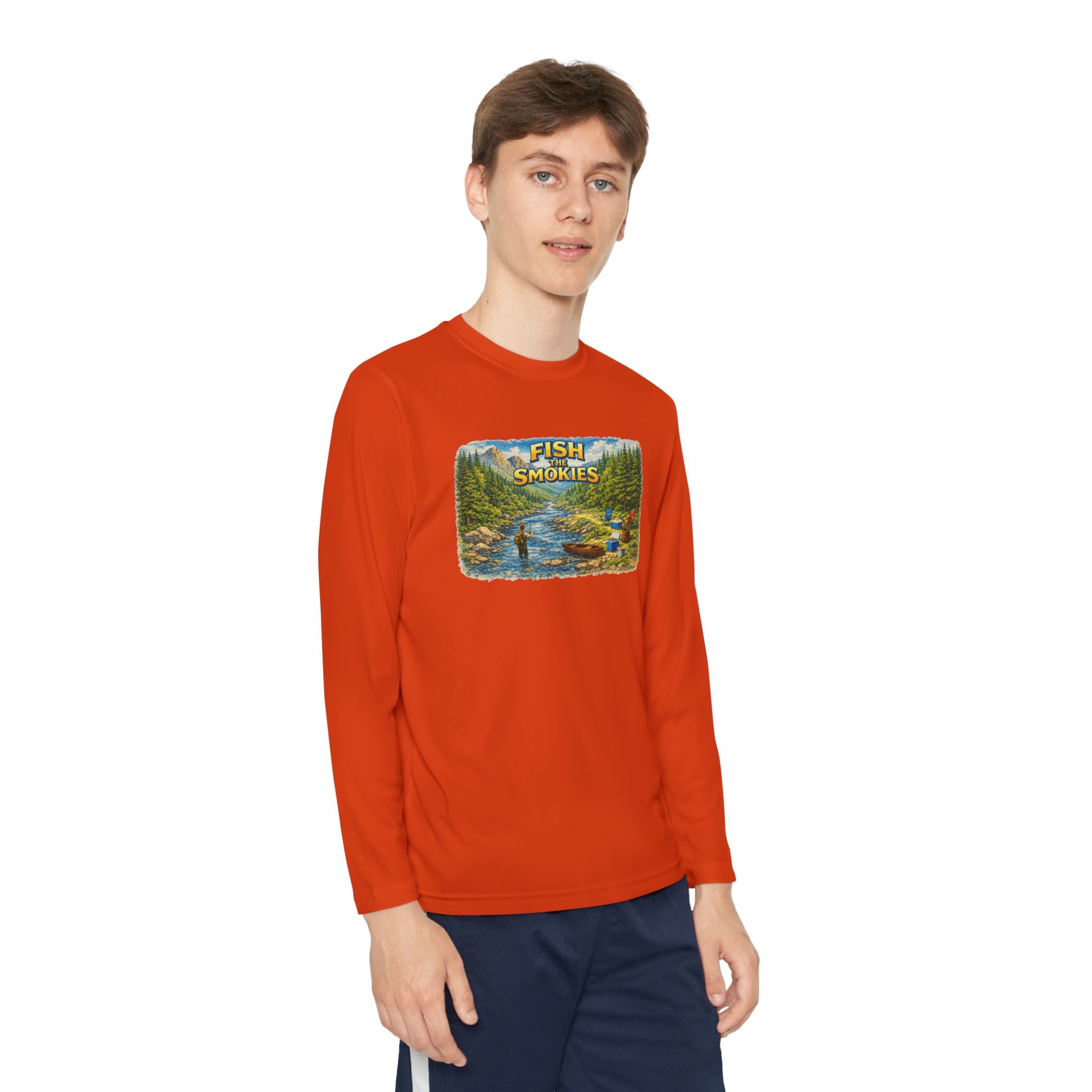 Youth Long Sleeve Tee - 'Fish Smokies' Scenic Fishing River Graphic