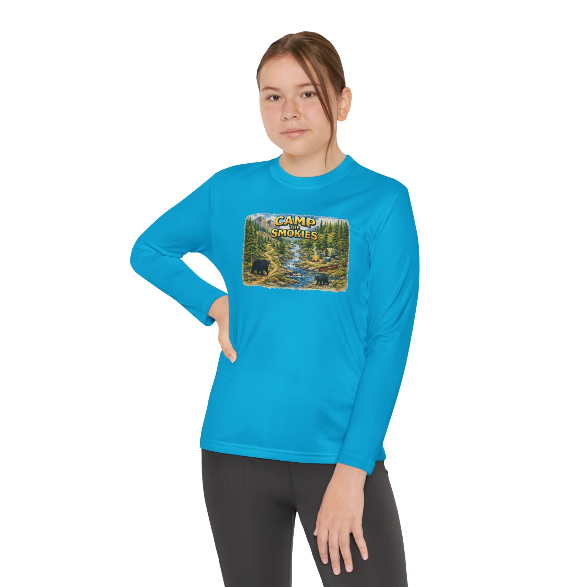 Camp Smokies Youth Long Sleeve Tee — Scenic Mountain River Camping Design