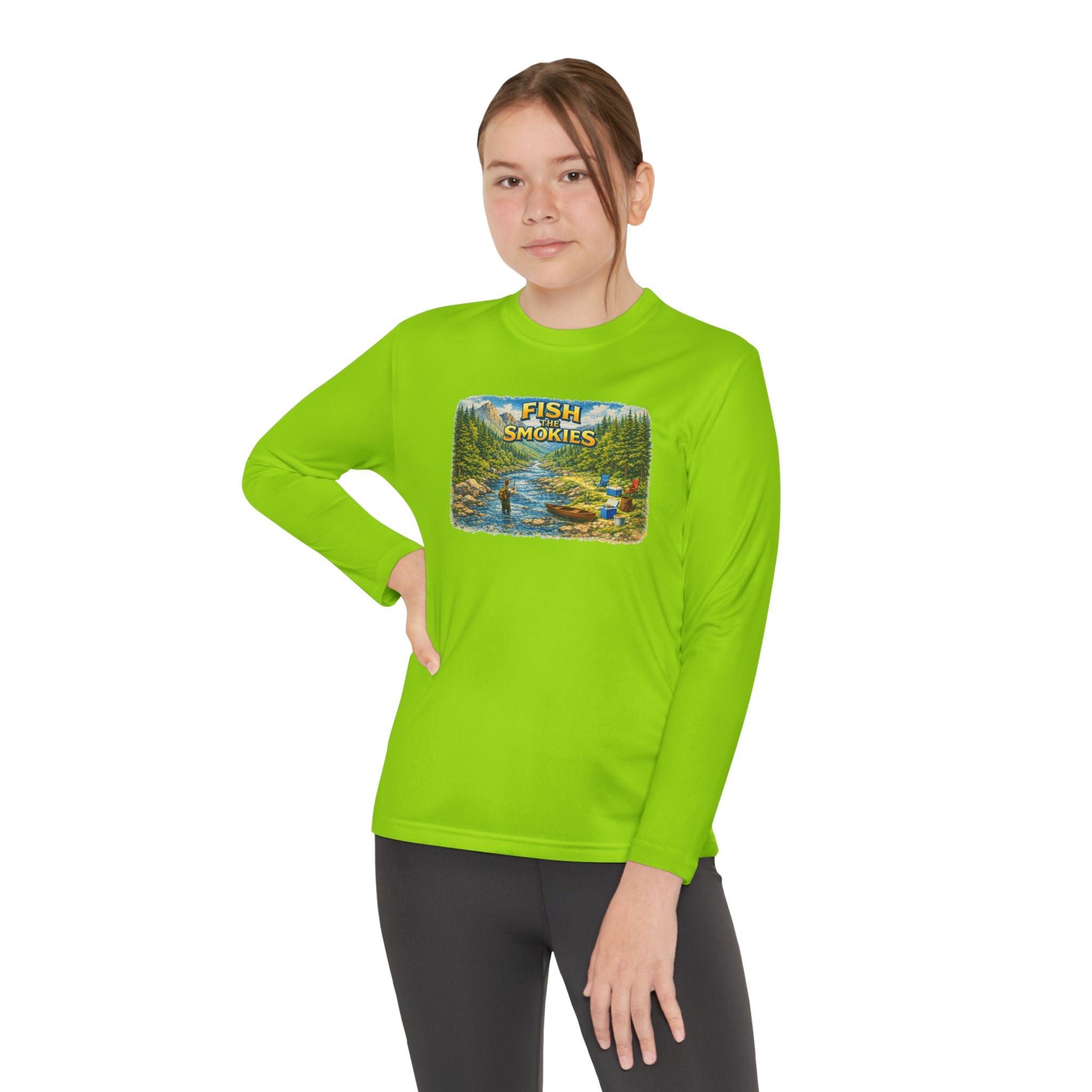 Youth Long Sleeve Tee - 'Fish Smokies' Scenic Fishing River Graphic