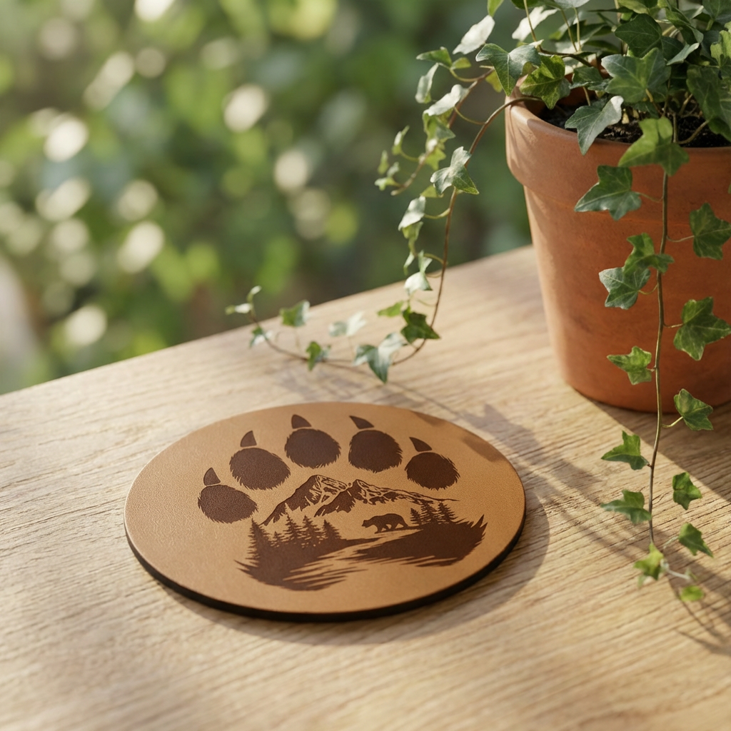 Bear Paw Mountain Cork Coaster — Rustic Wildlife Drink Coaster