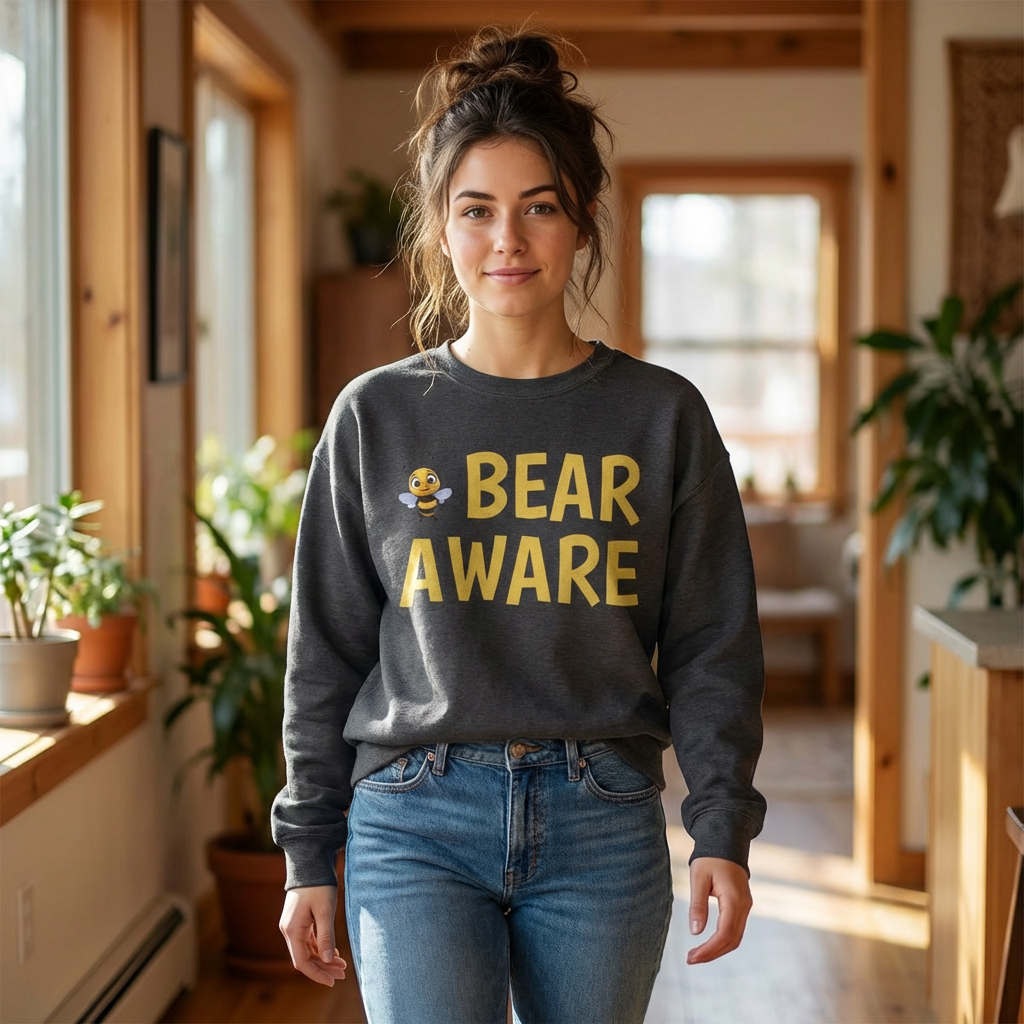 Bear Aware  Unisex Crewneck Sweatshirt — Cute Bee Graphic, Nature & Camping Safety Shirt