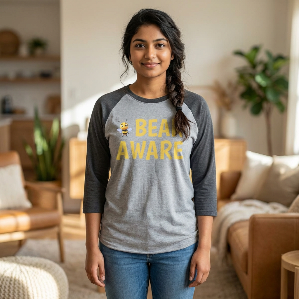 Bear Aware Raglan Shirt — Cute Bee Graphic 3/4 Sleeve Tee