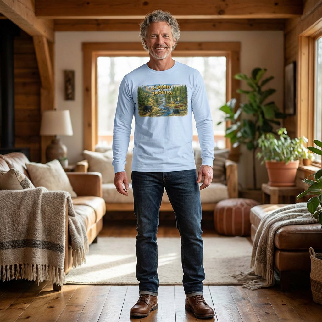 Camp The Smokies Scenic Long Sleeve Unisex Tee — Mountain Camping Bear Graphic