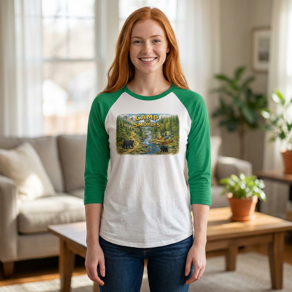 Camp The Smokies Unisex Raglan Shirt — Vintage Mountain Camping Baseball Tee