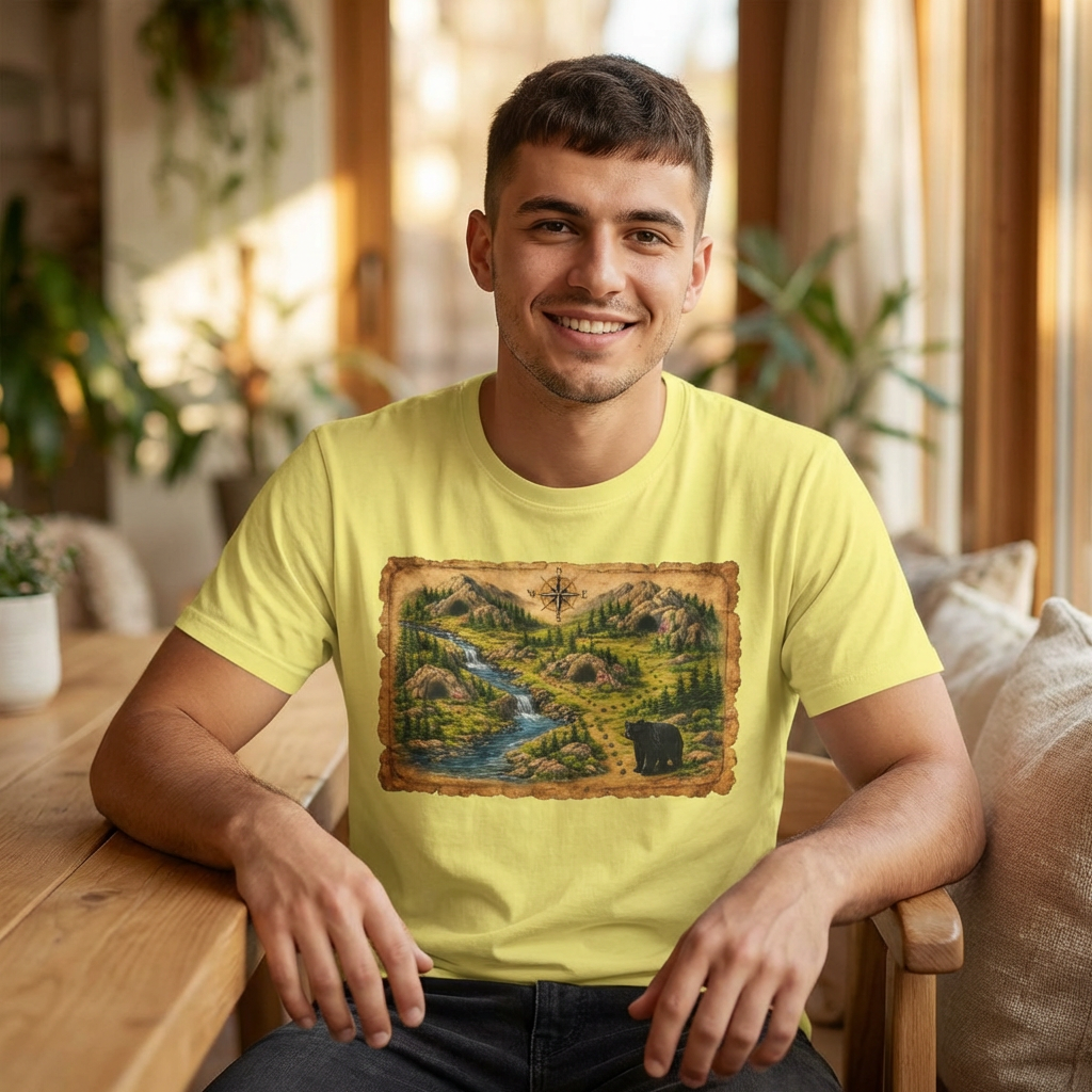 Adventure Map Unisex T-Shirt — Vintage Hiking Map with River & Bear Art