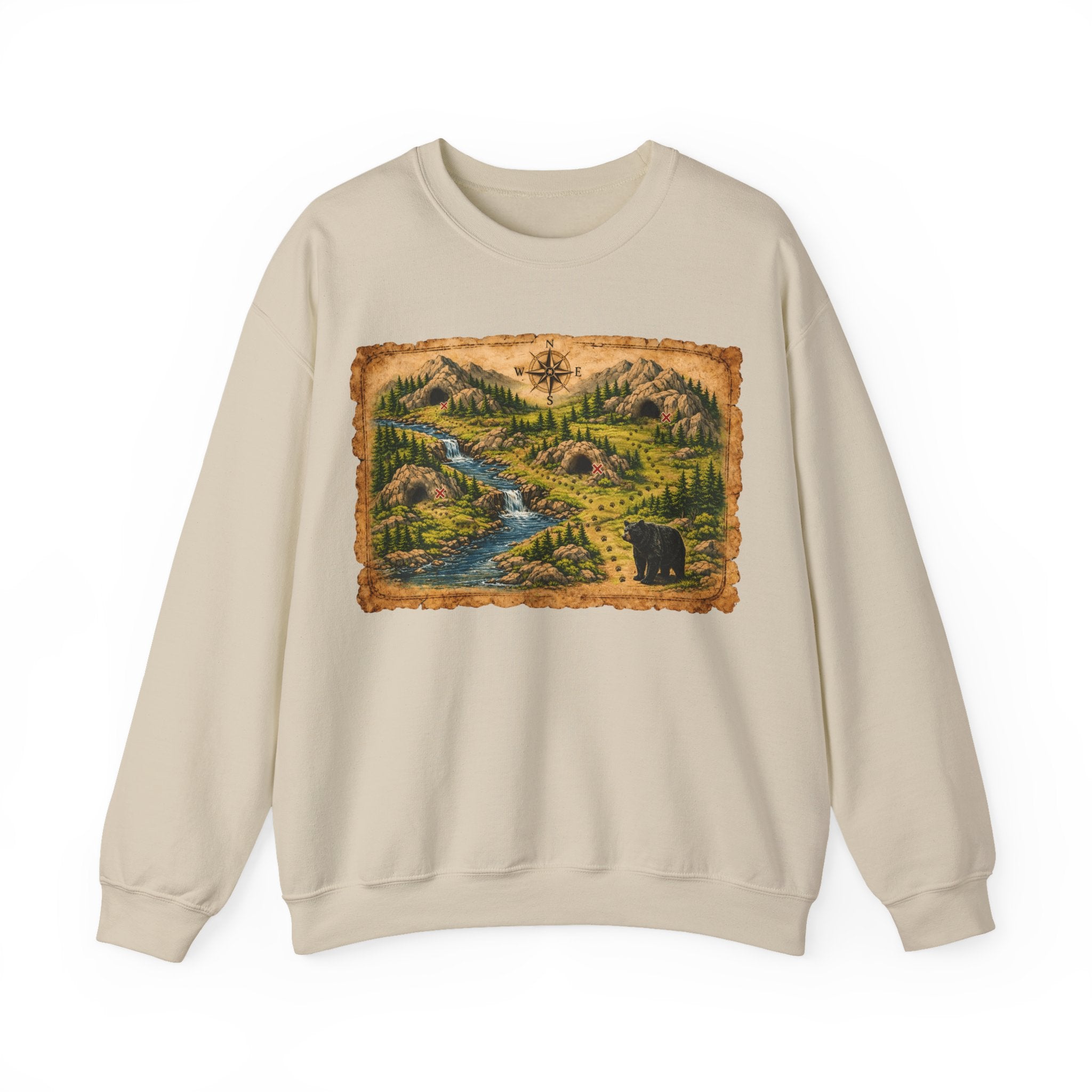 Bear Cave Treasure Map Unisex Crewneck Sweatshirt — Vintage Wilderness Map Graphic