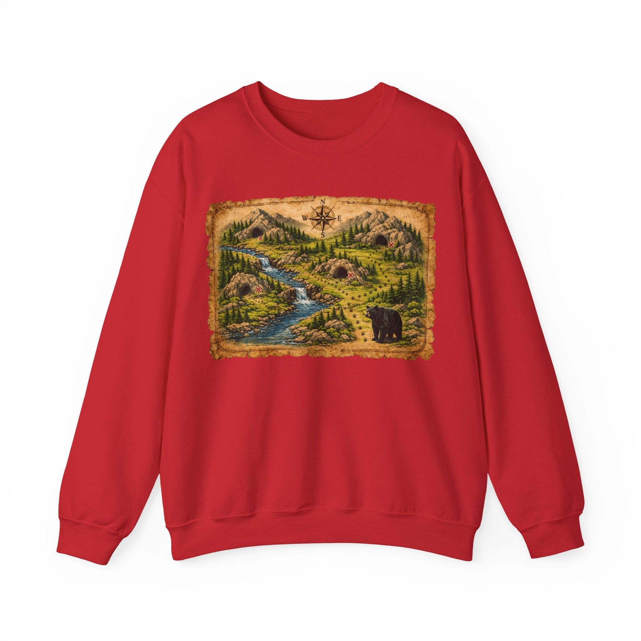 Bear Cave Treasure Map Unisex Crewneck Sweatshirt — Vintage Wilderness Map Graphic