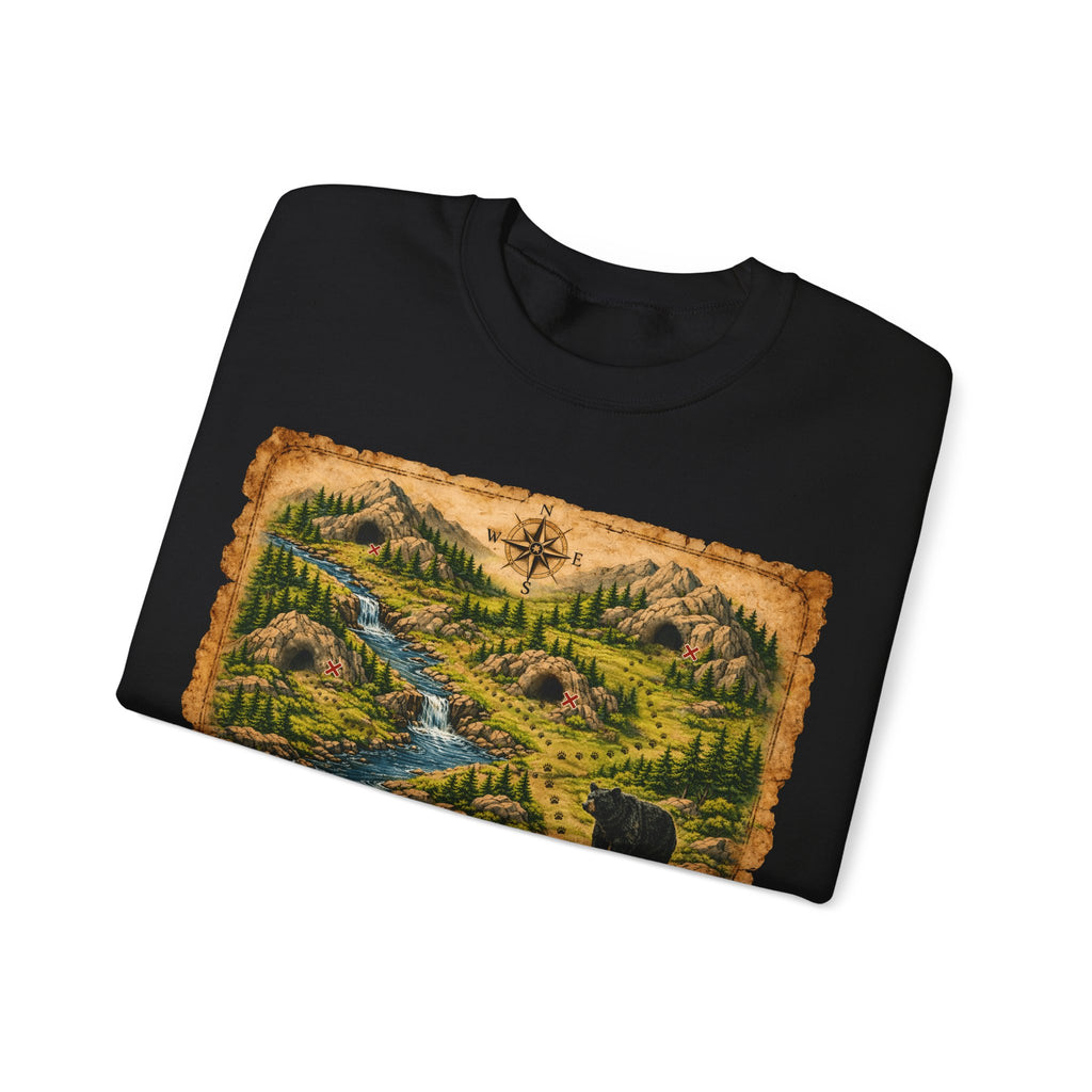 Bear Cave Treasure Map Unisex Crewneck Sweatshirt — Vintage Wilderness Map Graphic