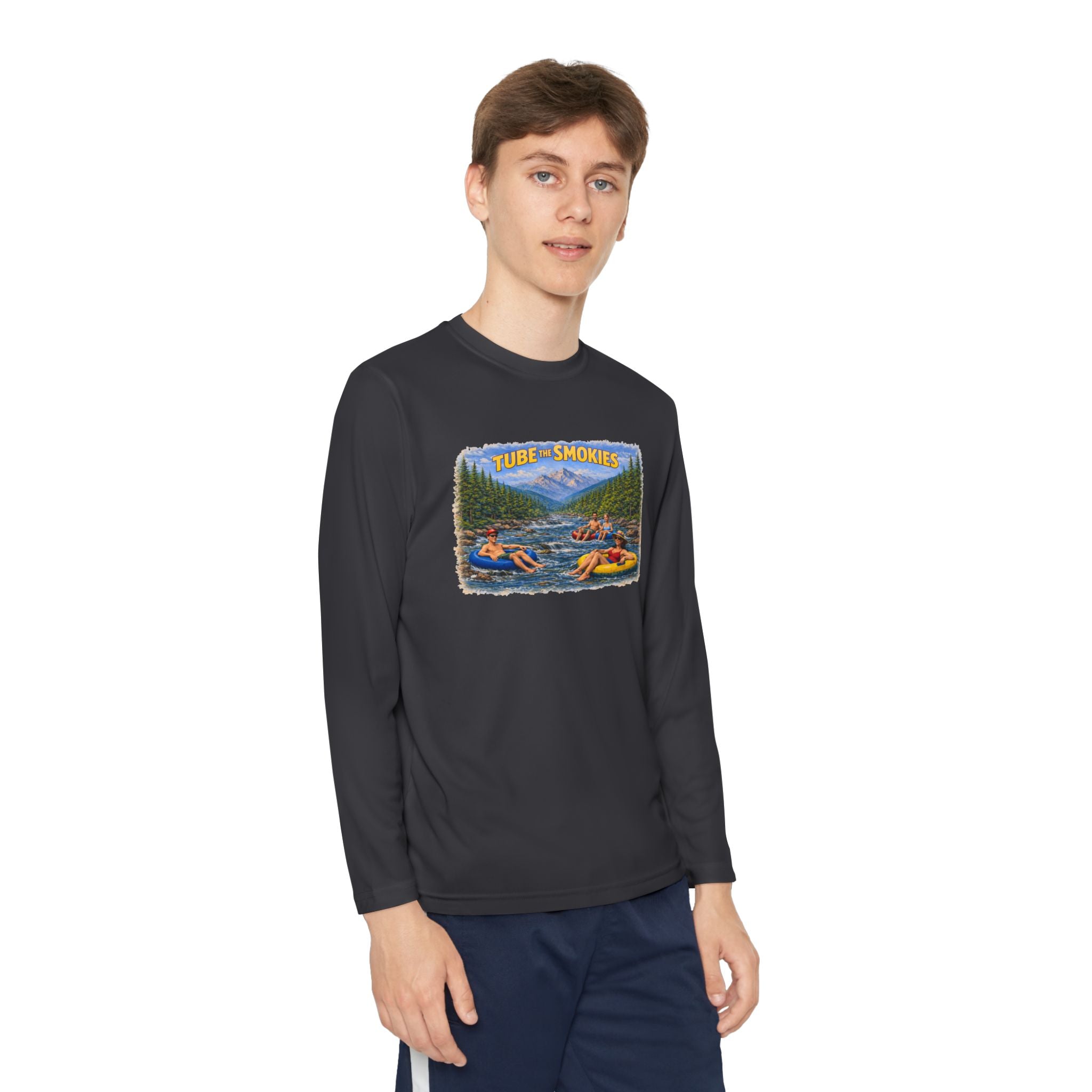 Youth Long Sleeve Tee — Tube the Smokies River Tubing Graphic