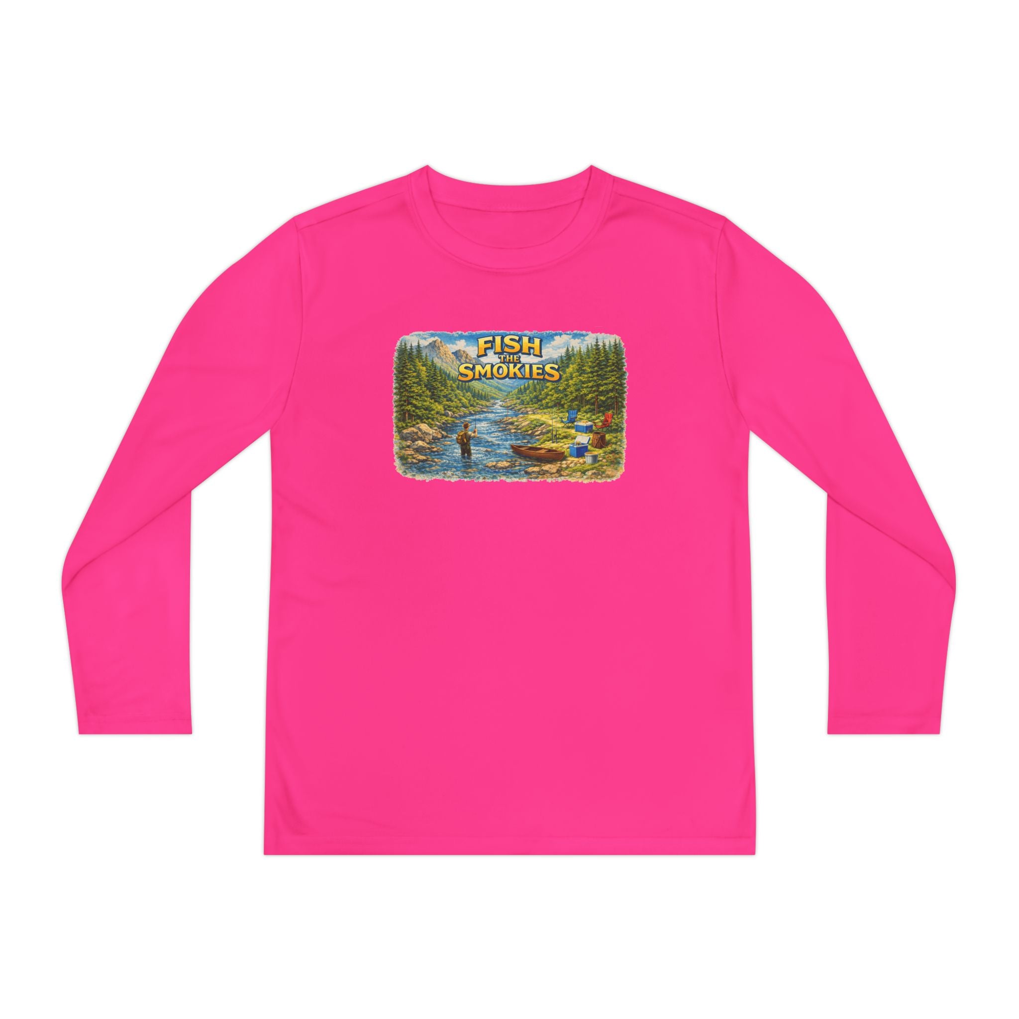 Youth Long Sleeve Tee - 'Fish Smokies' Scenic Fishing River Graphic
