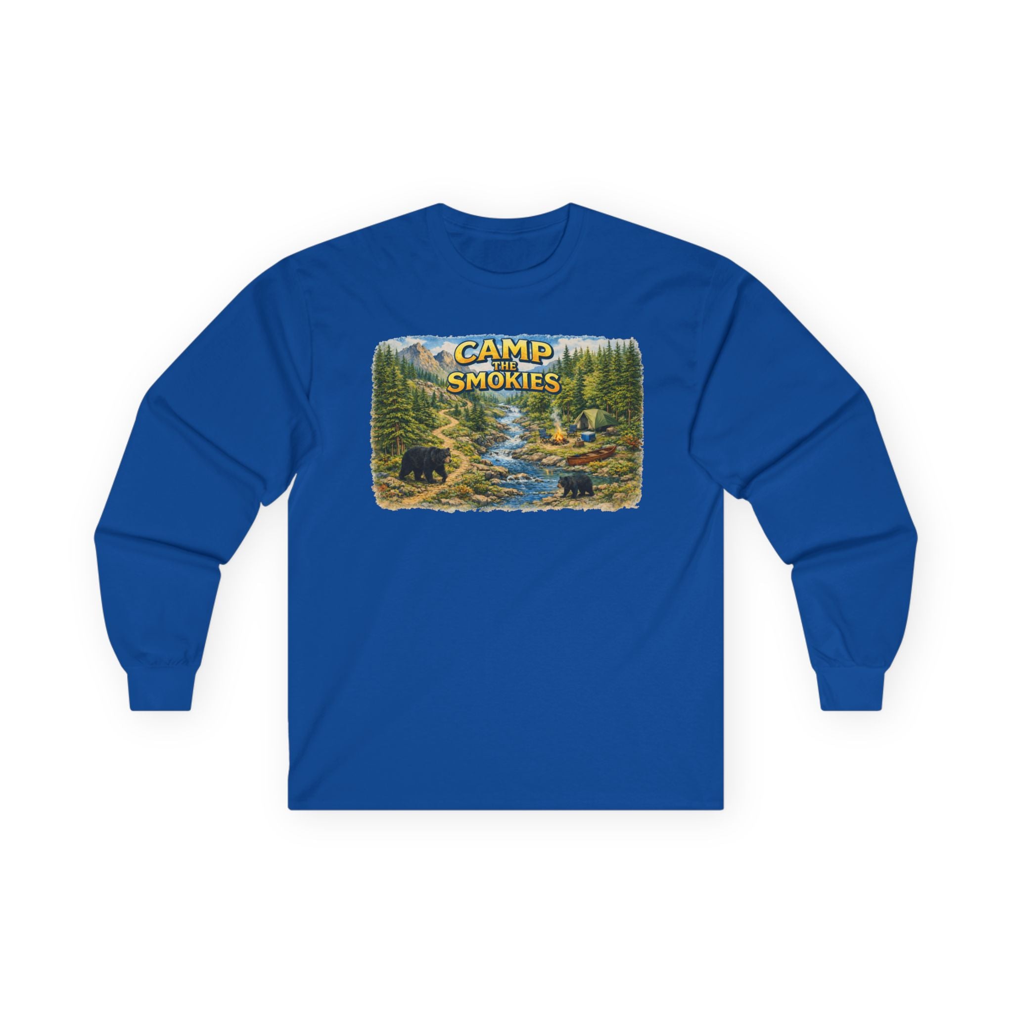 Camp The Smokies Scenic Long Sleeve Unisex Tee — Mountain Camping Bear Graphic