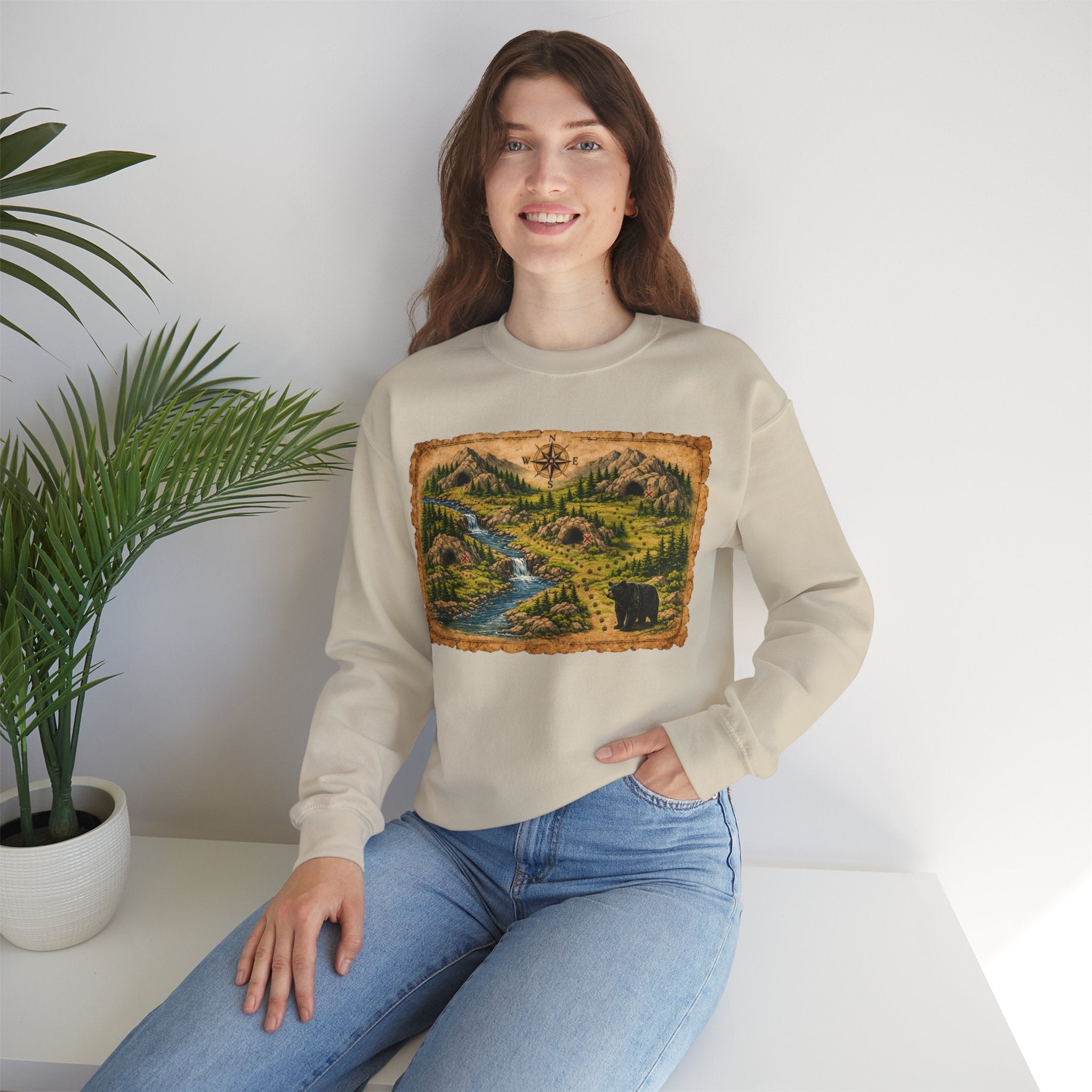 Bear Cave Treasure Map Unisex Crewneck Sweatshirt — Vintage Wilderness Map Graphic