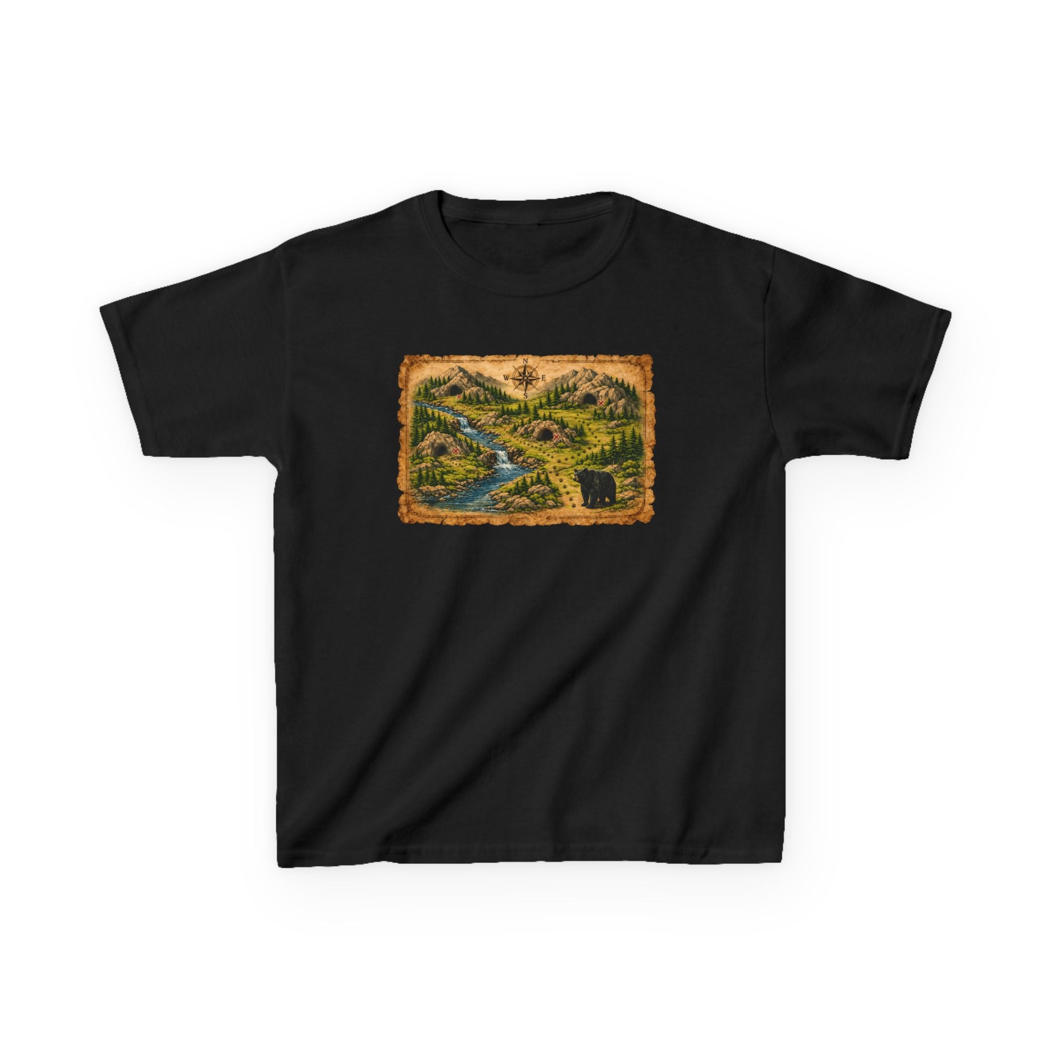 Kids Tee — Bear Cave Treasure Map "Which Cave Has the Bear?"