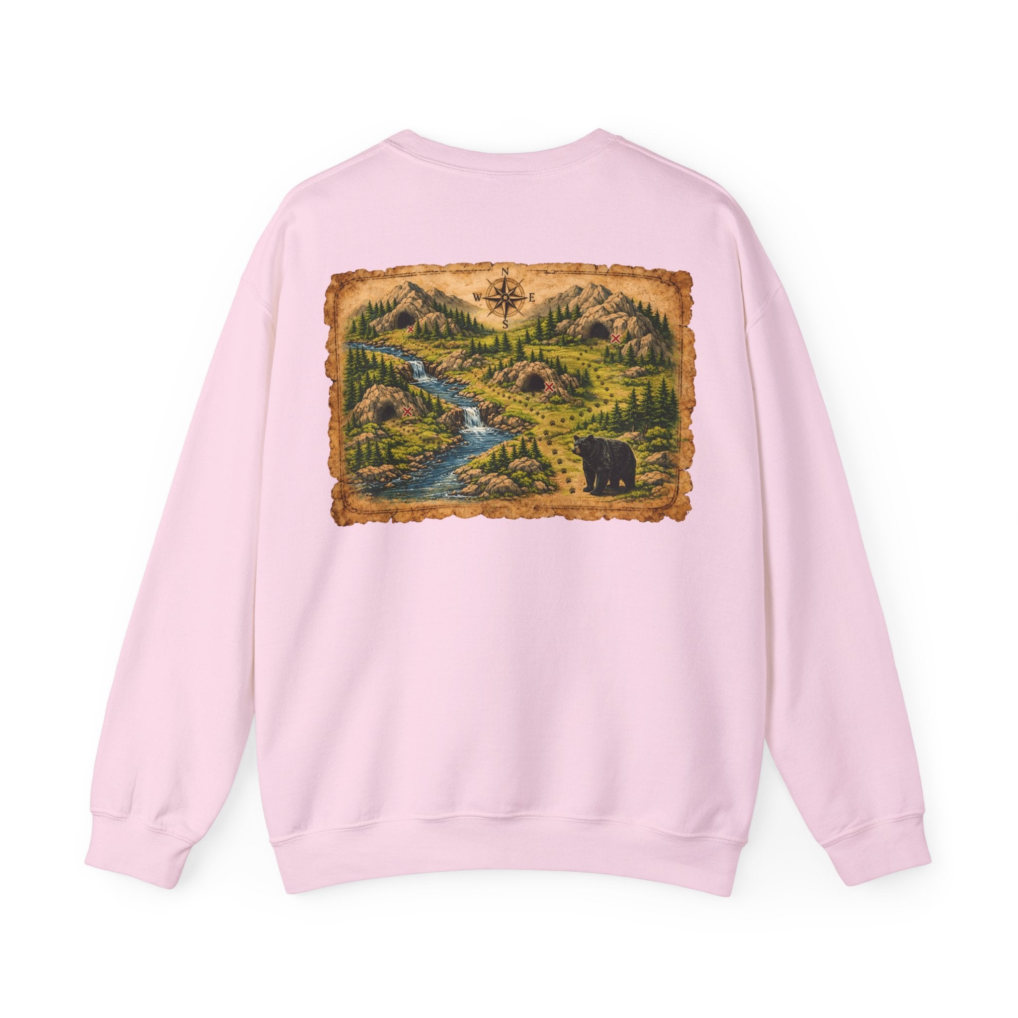Bear Cave Treasure Map Unisex Crewneck Sweatshirt — Vintage Wilderness Map Graphic