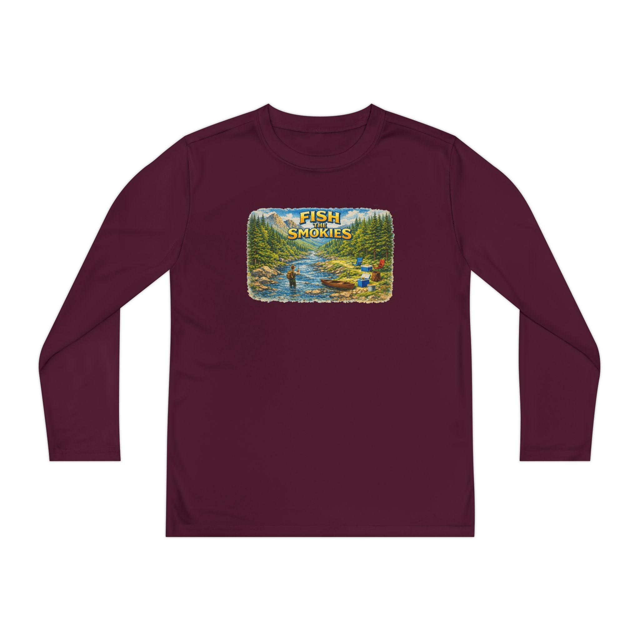 Youth Long Sleeve Tee - 'Fish Smokies' Scenic Fishing River Graphic