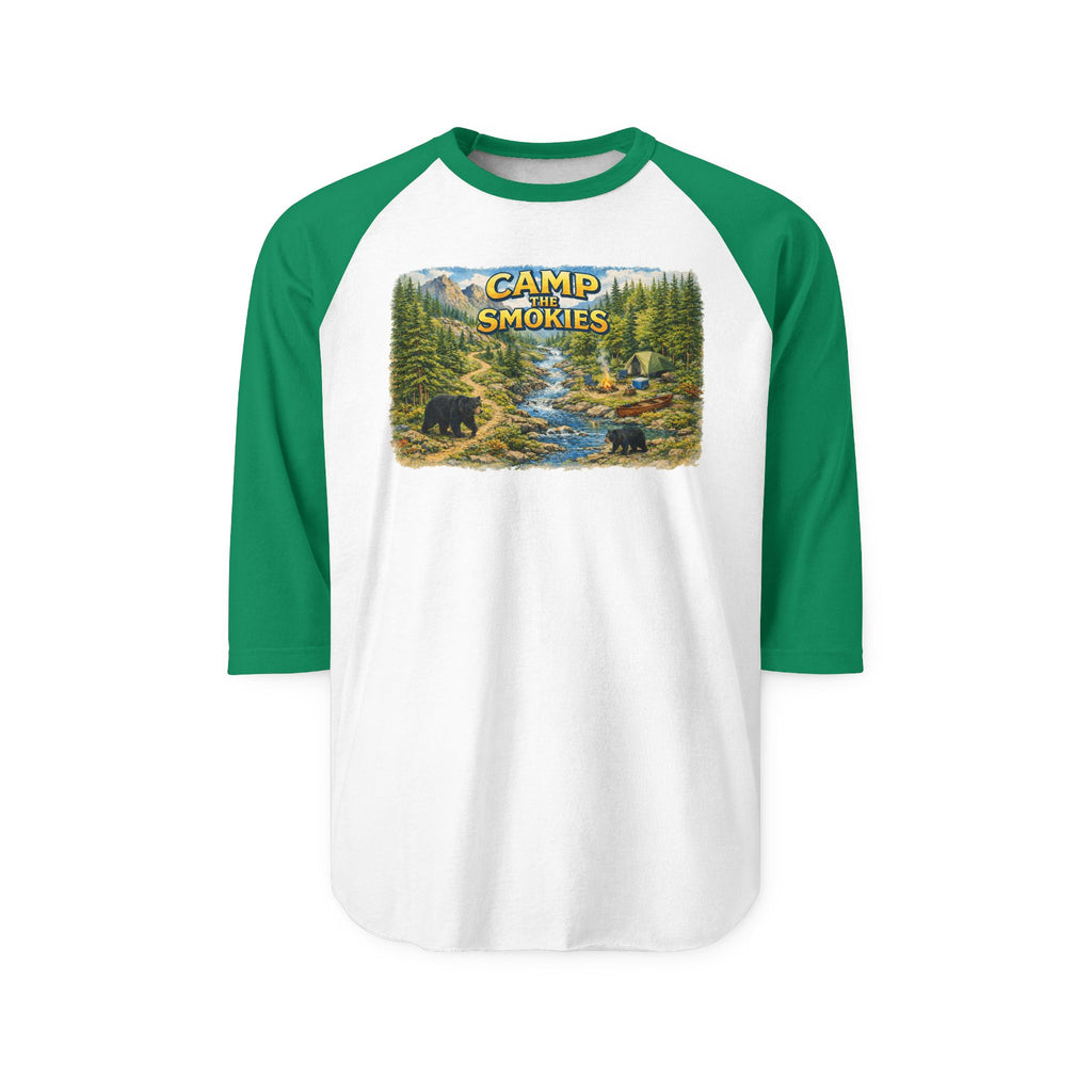 Camp The Smokies Unisex Raglan Shirt — Vintage Mountain Camping Baseball Tee