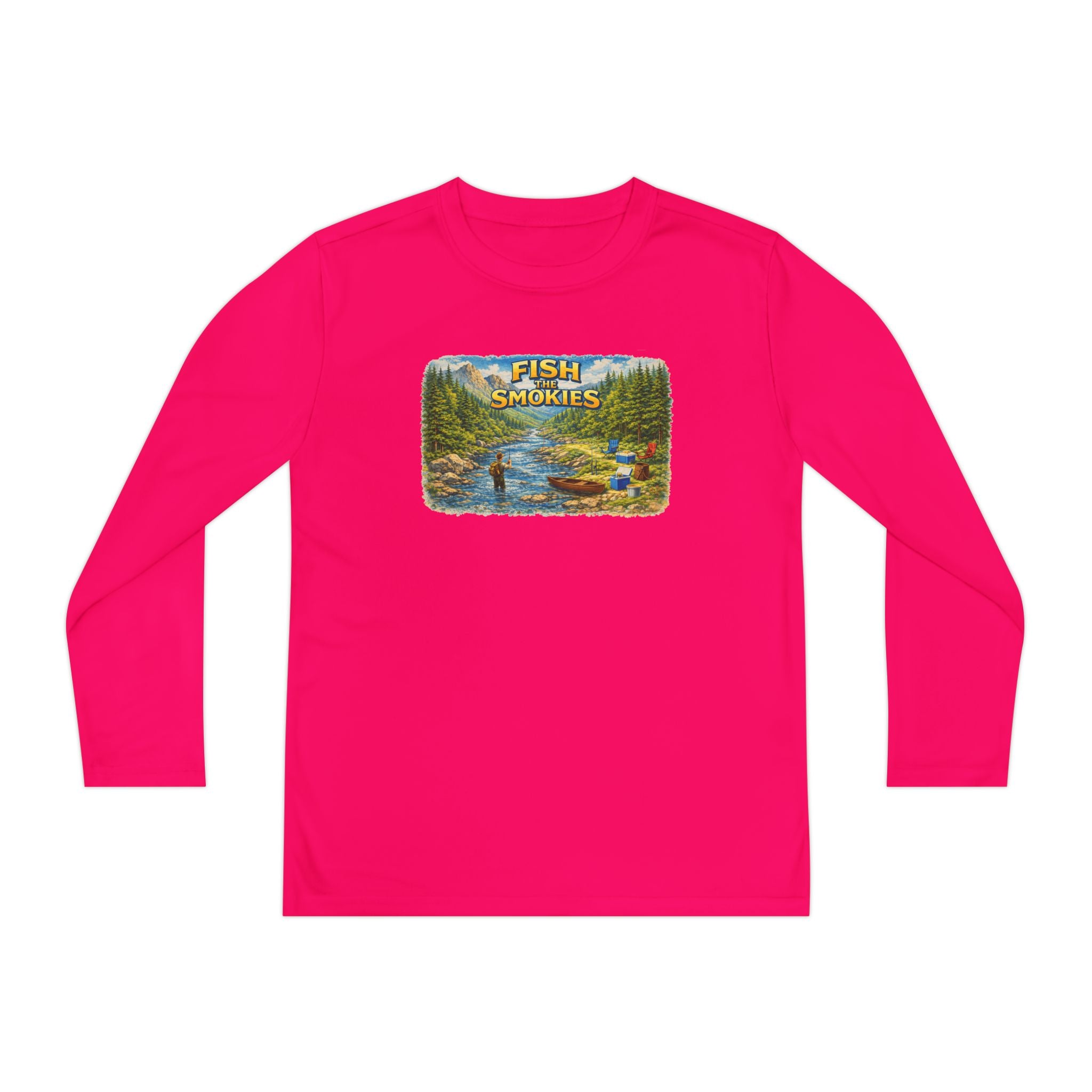 Youth Long Sleeve Tee - 'Fish Smokies' Scenic Fishing River Graphic