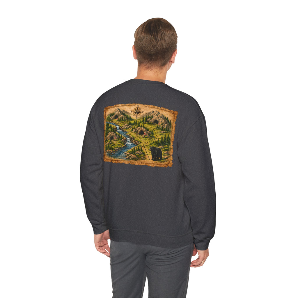 Bear Cave Treasure Map Unisex Crewneck Sweatshirt — Vintage Wilderness Map Graphic