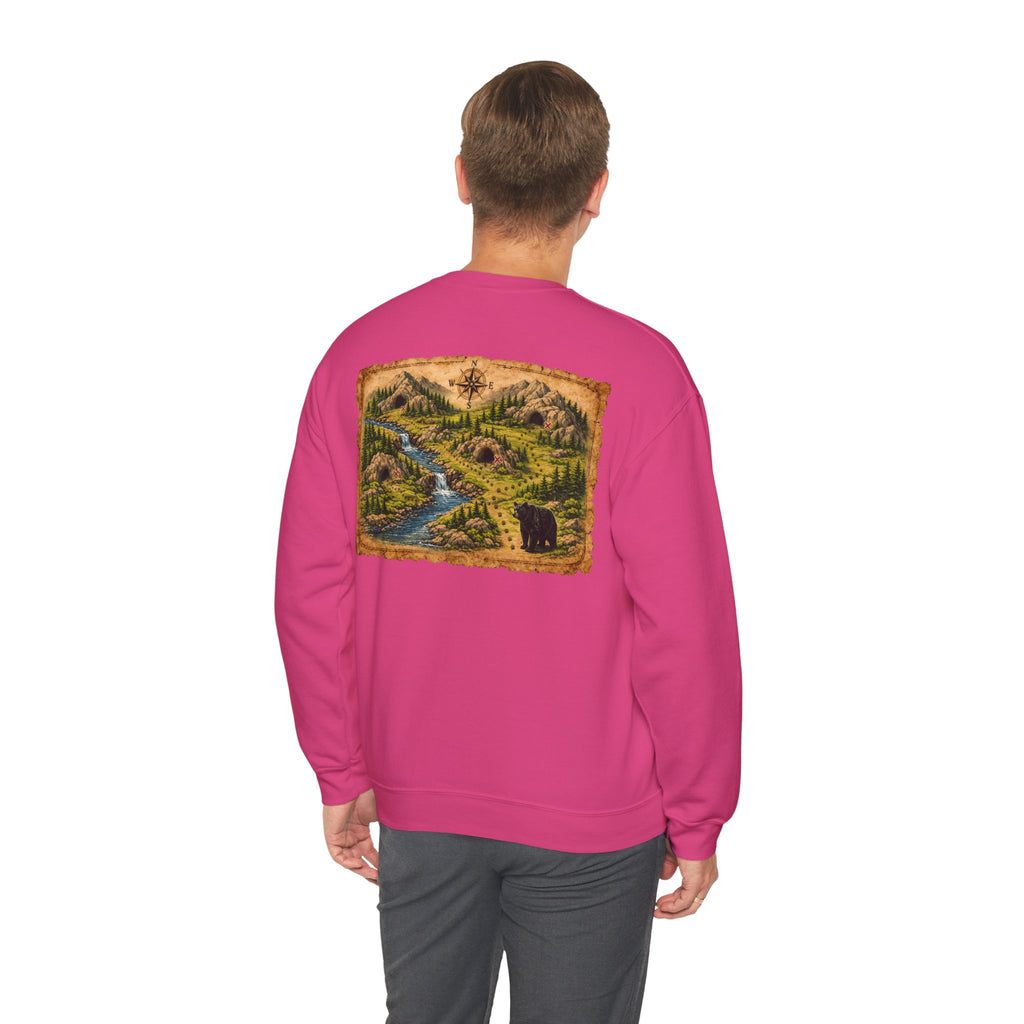 Bear Cave Treasure Map Unisex Crewneck Sweatshirt — Vintage Wilderness Map Graphic