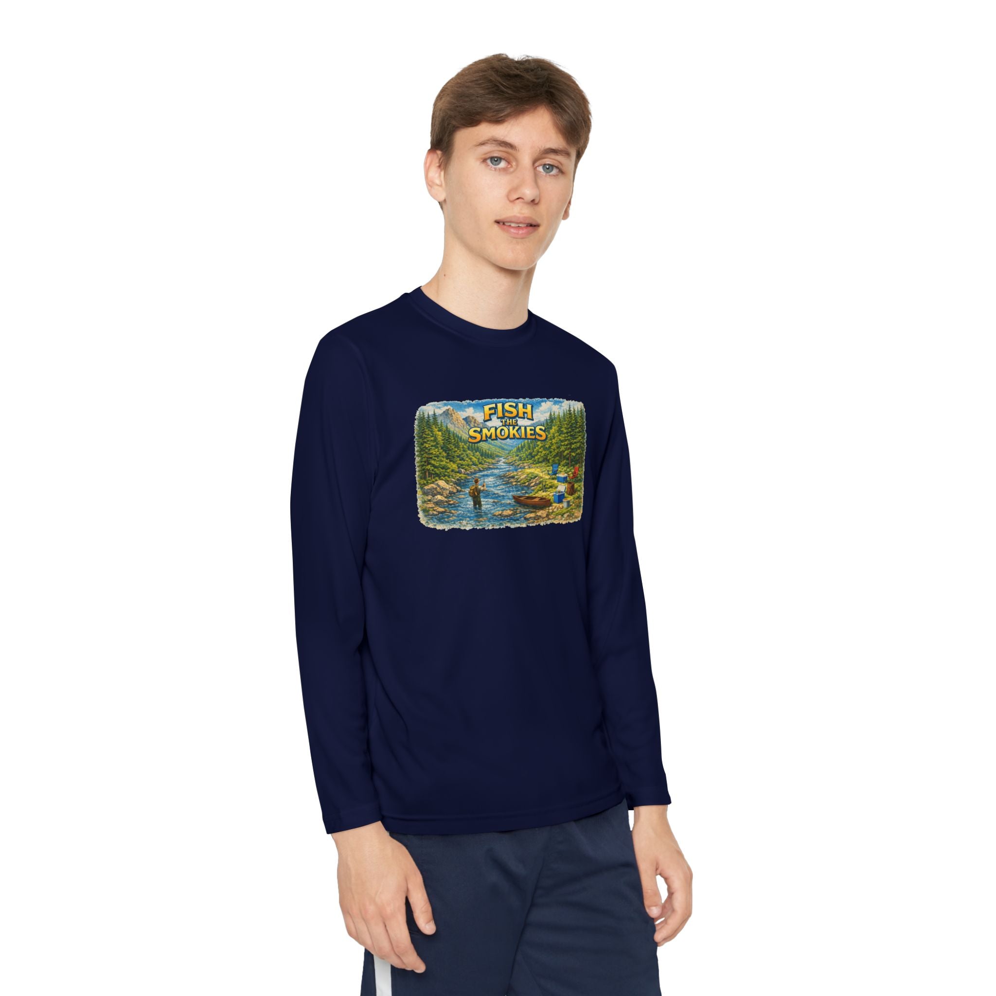 Youth Long Sleeve Tee - 'Fish Smokies' Scenic Fishing River Graphic