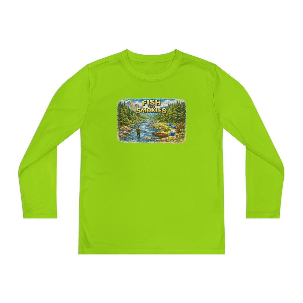 Youth Long Sleeve Tee - 'Fish Smokies' Scenic Fishing River Graphic