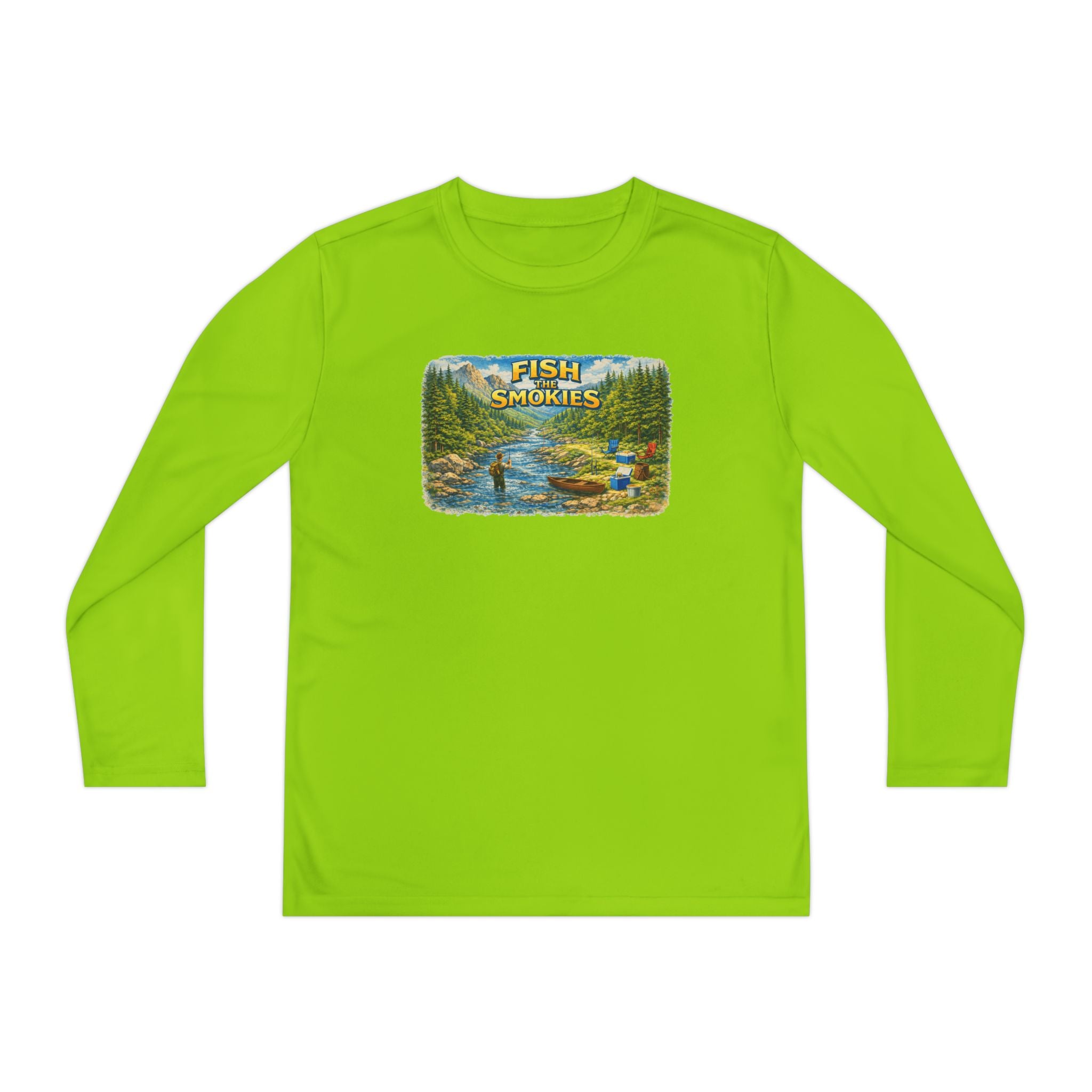 Youth Long Sleeve Tee - 'Fish Smokies' Scenic Fishing River Graphic