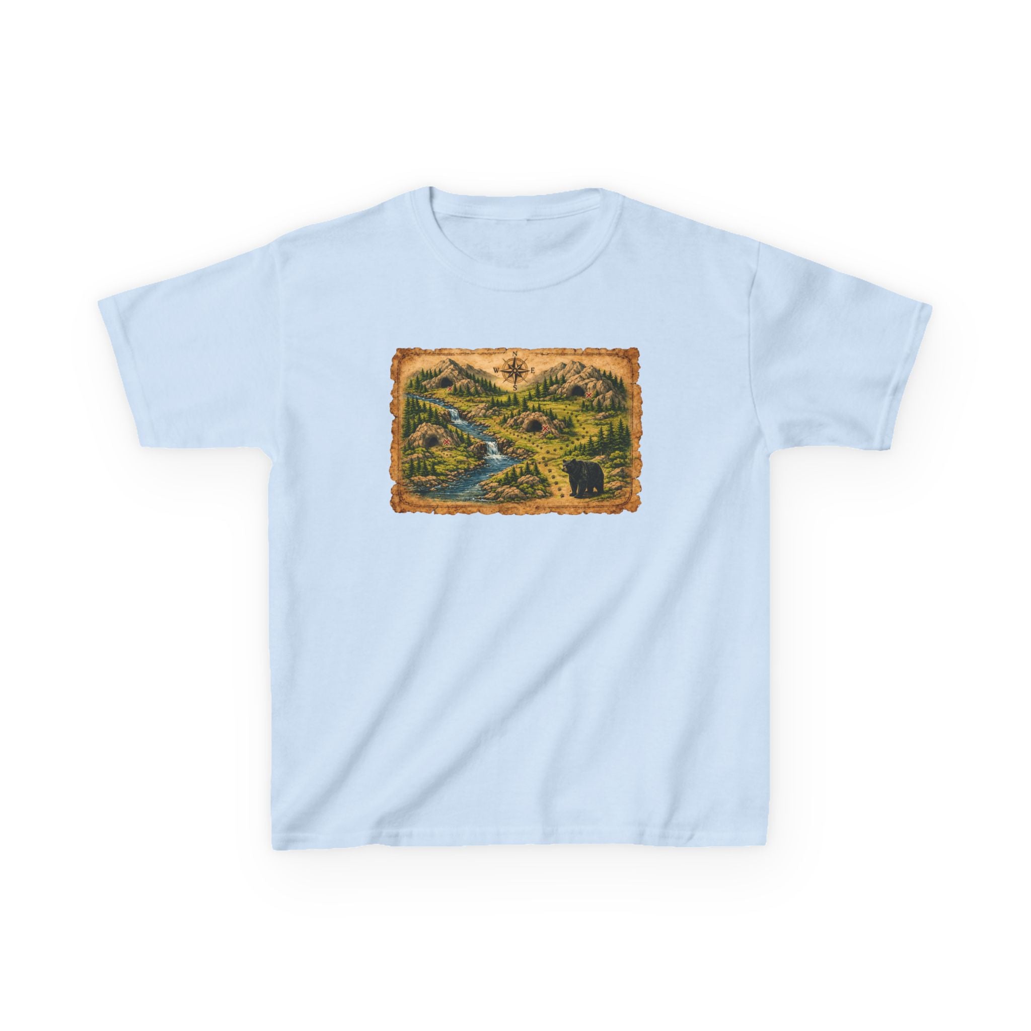 Kids Tee — Bear Cave Treasure Map "Which Cave Has the Bear?"