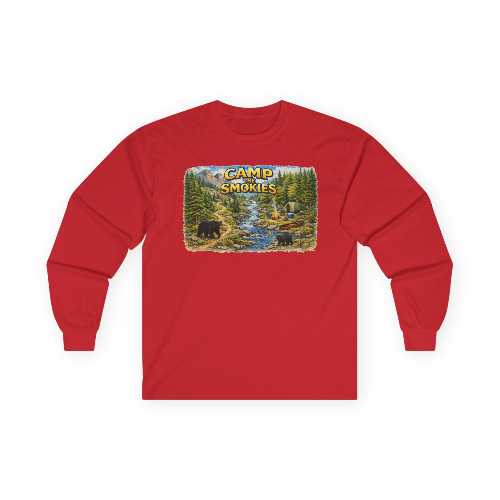 Camp The Smokies Scenic Long Sleeve Unisex Tee — Mountain Camping Bear Graphic