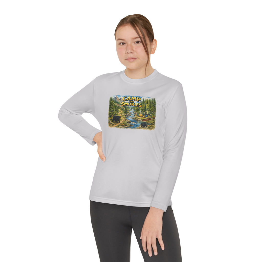 Camp Smokies Youth Long Sleeve Tee — Scenic Mountain River Camping Design