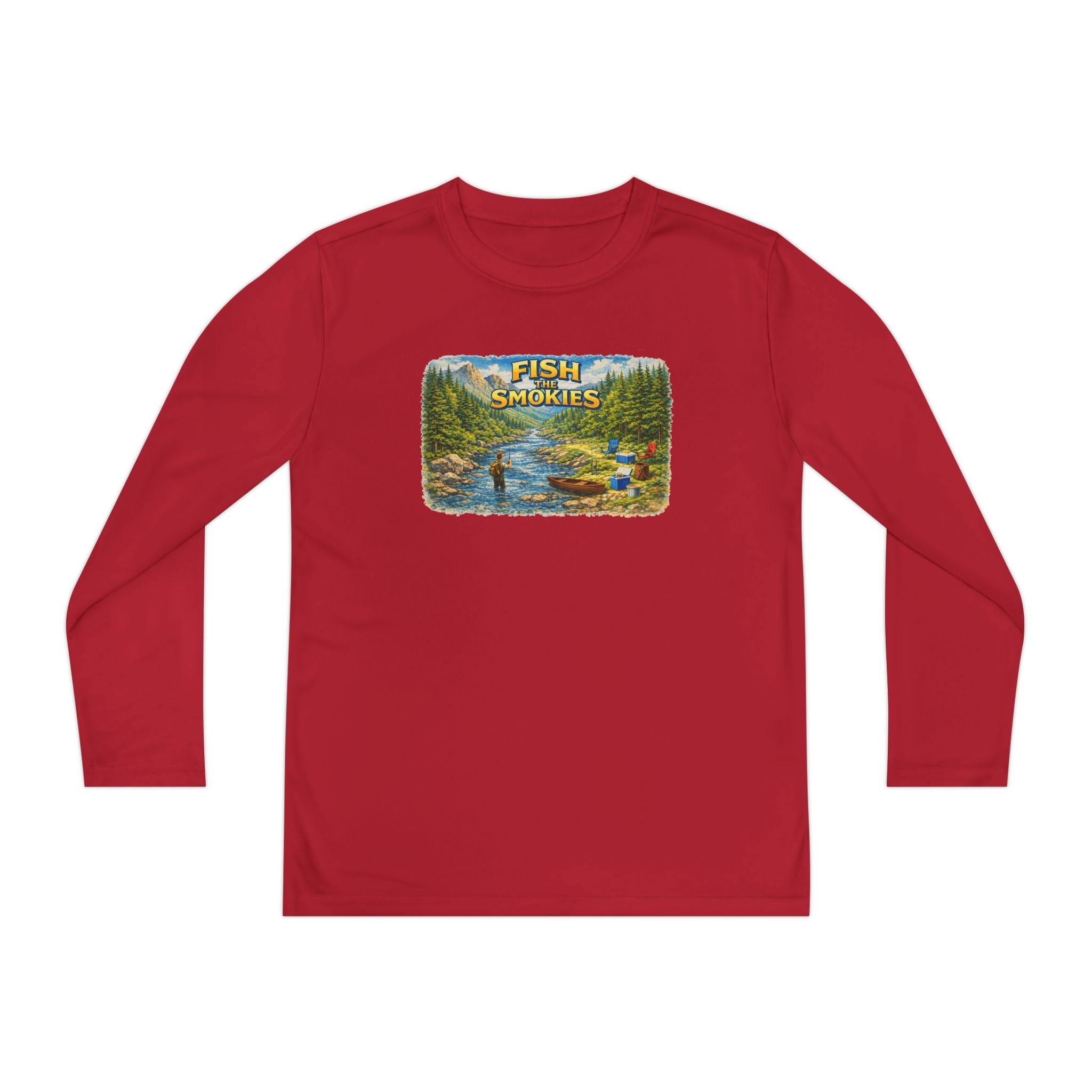 Youth Long Sleeve Tee - 'Fish Smokies' Scenic Fishing River Graphic