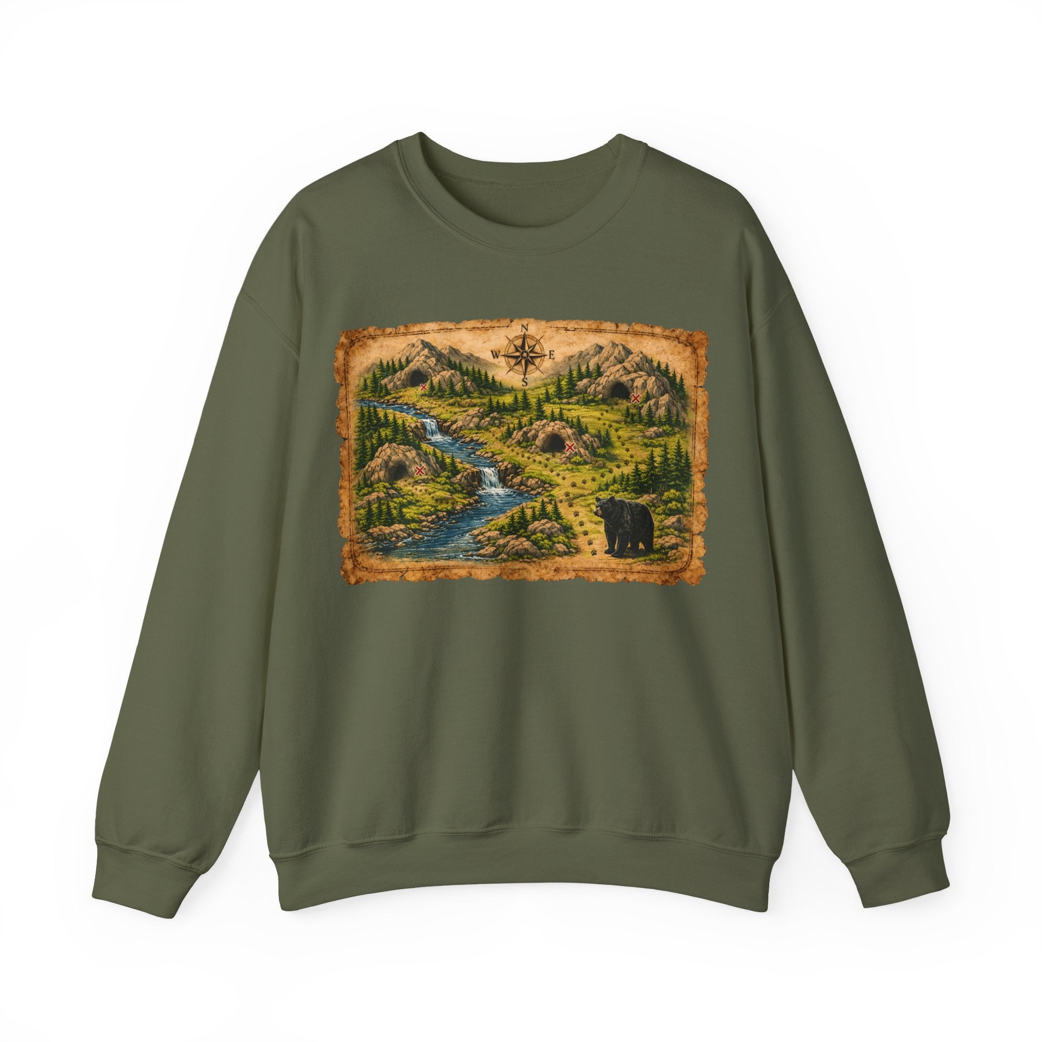 Bear Cave Treasure Map Unisex Crewneck Sweatshirt — Vintage Wilderness Map Graphic