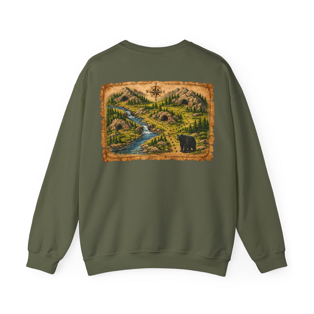 Bear Cave Treasure Map Unisex Crewneck Sweatshirt — Vintage Wilderness Map Graphic