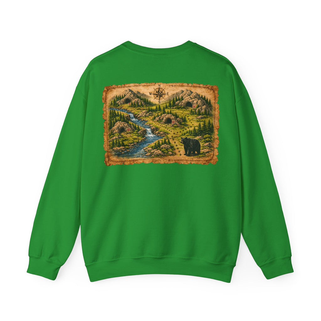 Bear Cave Treasure Map Unisex Crewneck Sweatshirt — Vintage Wilderness Map Graphic