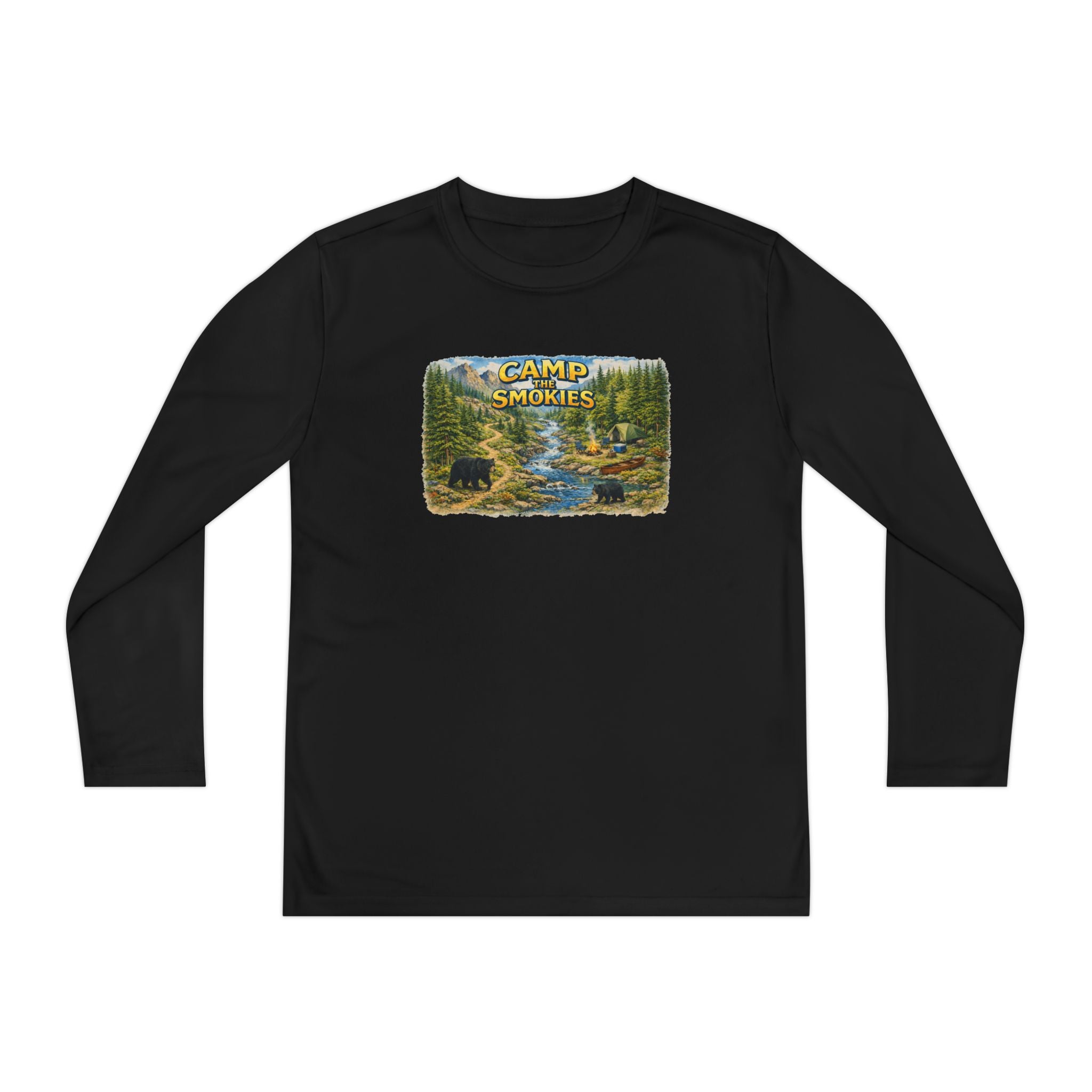 Camp Smokies Youth Long Sleeve Tee — Scenic Mountain River Camping Design