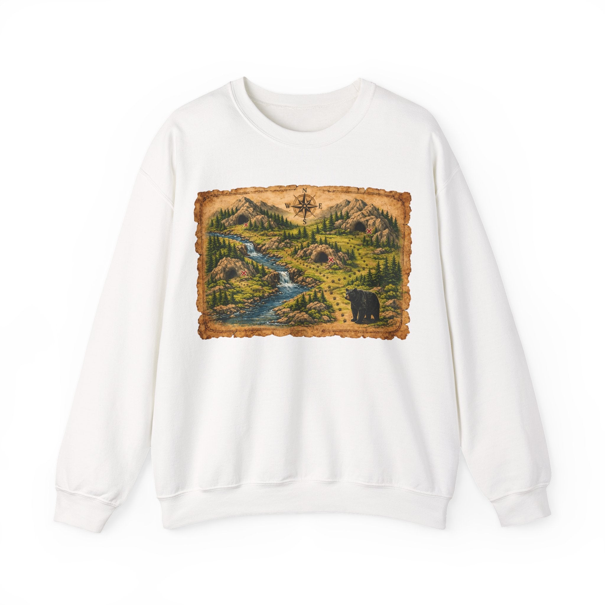 Bear Cave Treasure Map Unisex Crewneck Sweatshirt — Vintage Wilderness Map Graphic