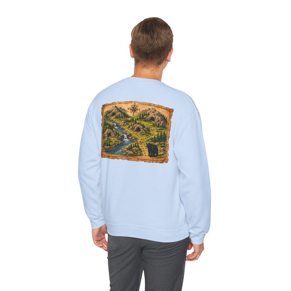 Bear Cave Treasure Map Unisex Crewneck Sweatshirt — Vintage Wilderness Map Graphic