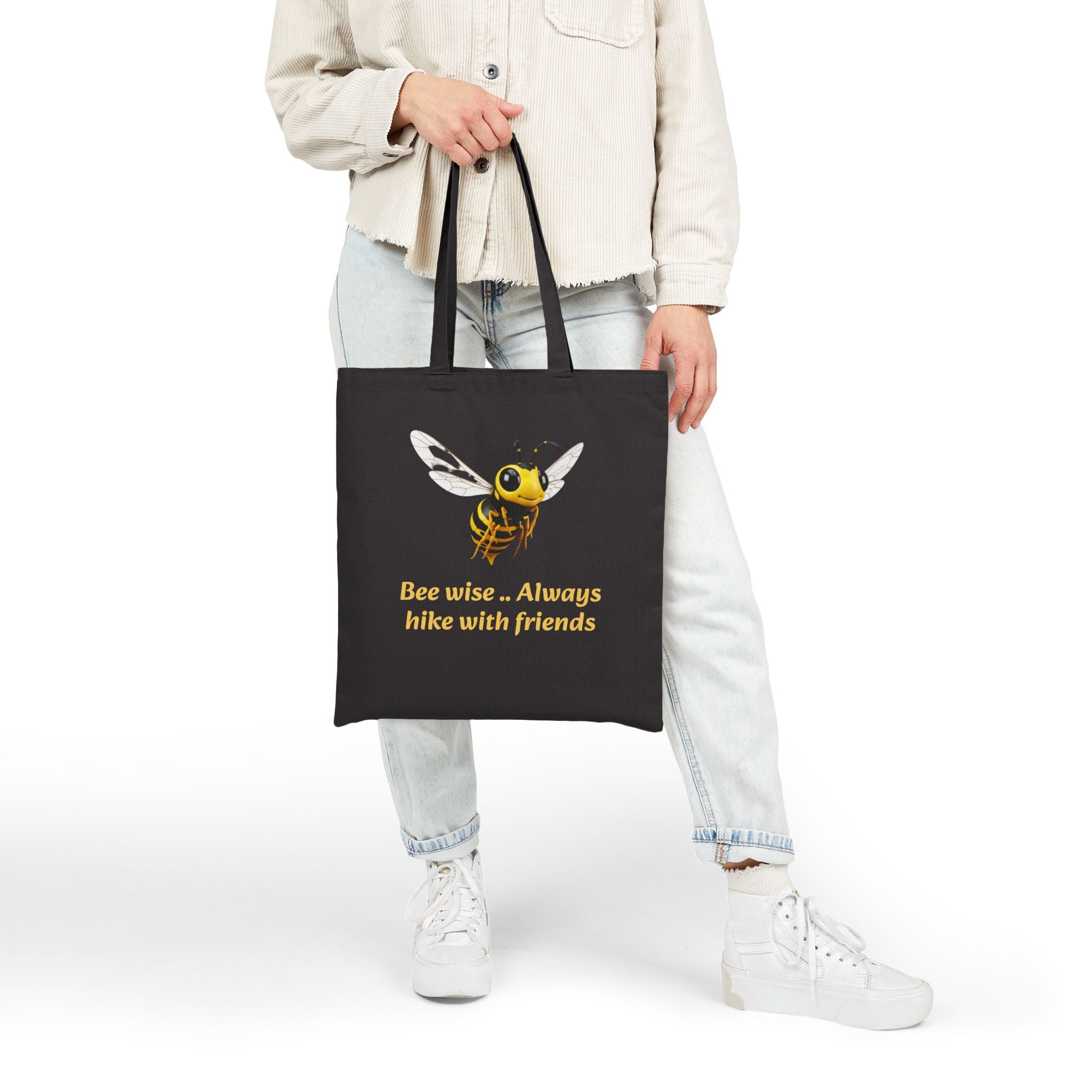 Bee Wise Tote Bag — "Bee wise .. Always hike with friends" Cute Nature Hiking Canvas Tote