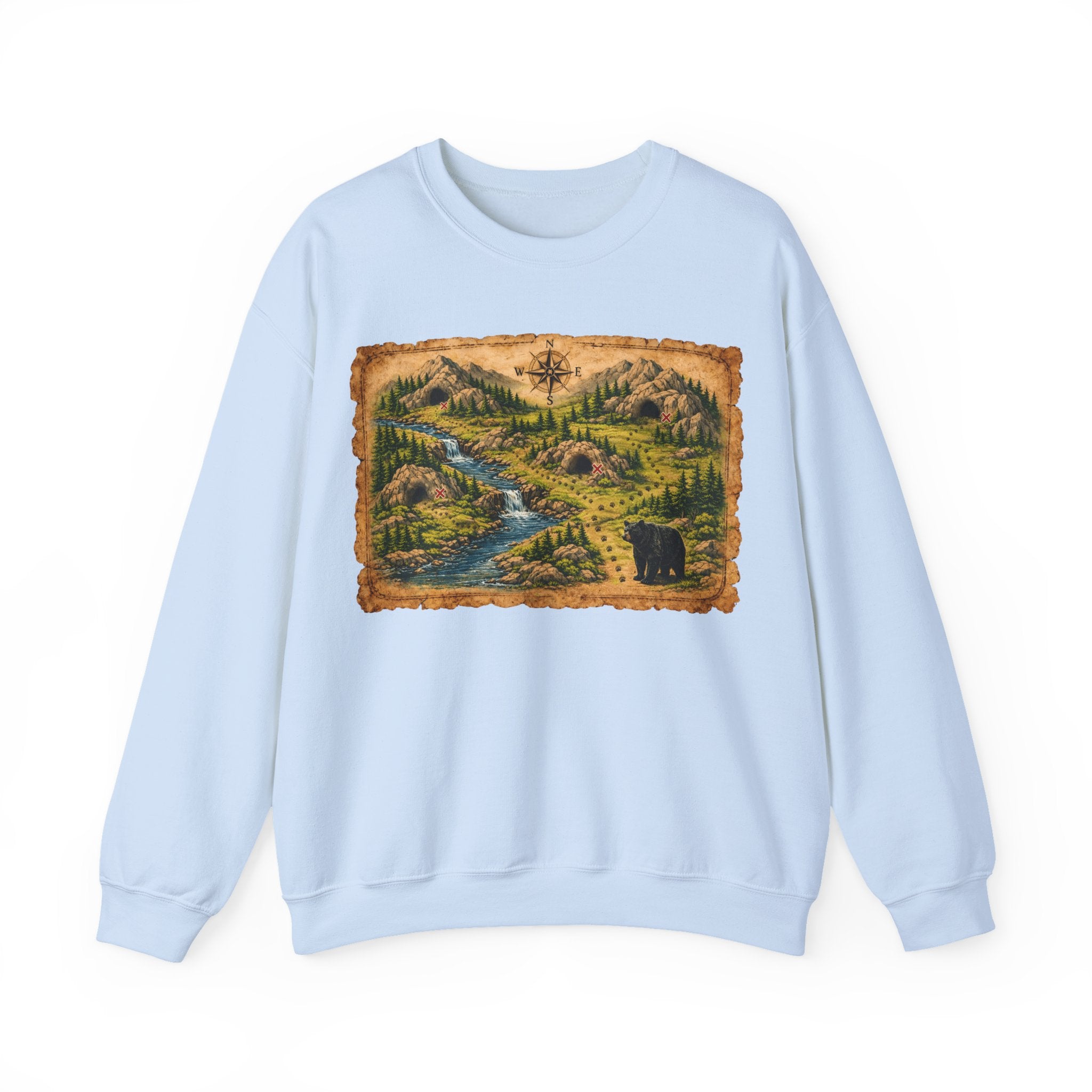 Bear Cave Treasure Map Unisex Crewneck Sweatshirt — Vintage Wilderness Map Graphic