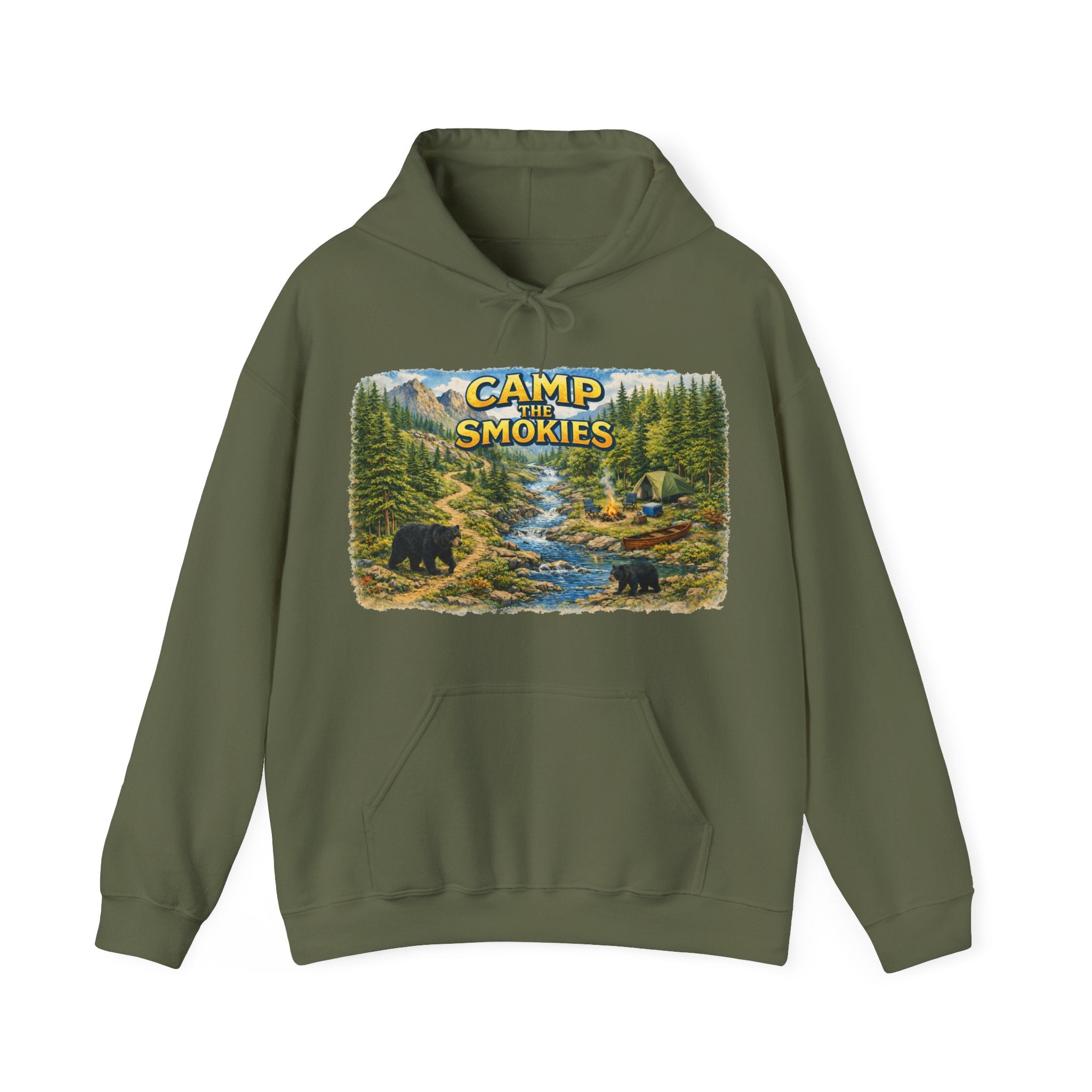 Camp The Smokies Unisex Hoodie — Scenic Mountain Bears Camping Sweatshirt