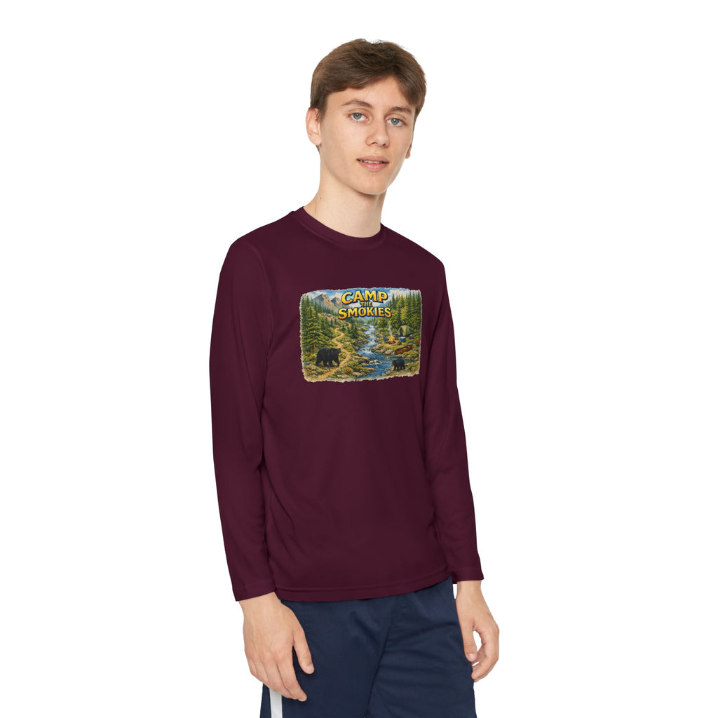 Camp Smokies Youth Long Sleeve Tee — Scenic Mountain River Camping Design