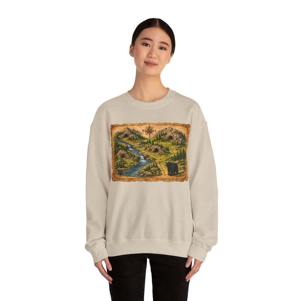 Bear Cave Treasure Map Unisex Crewneck Sweatshirt — Vintage Wilderness Map Graphic