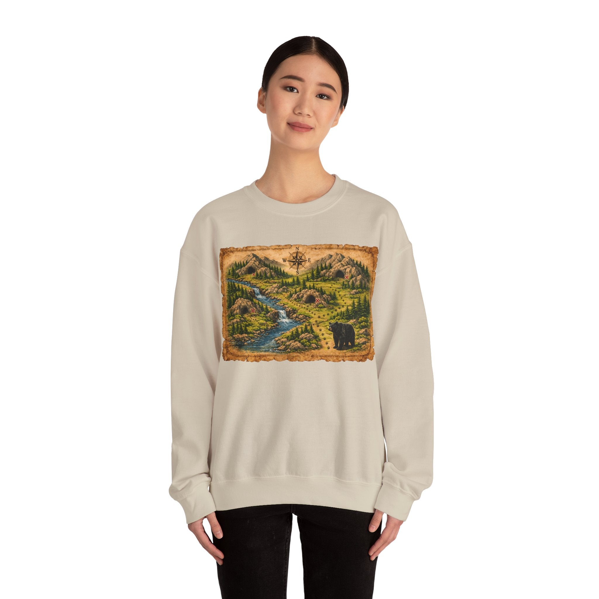 Bear Cave Treasure Map Unisex Crewneck Sweatshirt — Vintage Wilderness Map Graphic