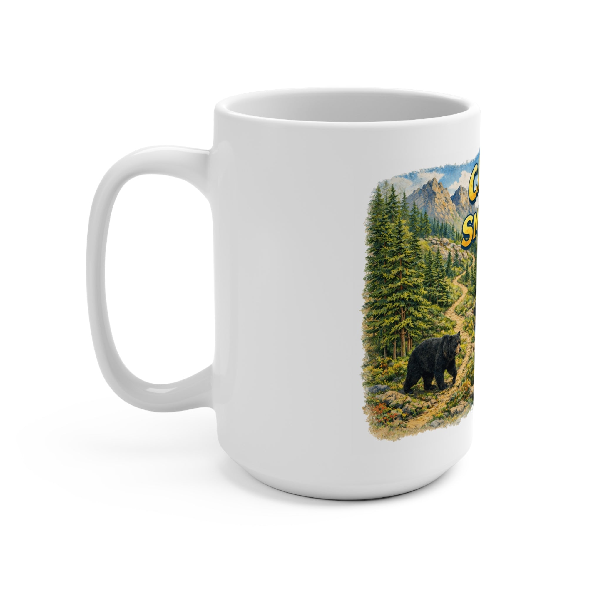 Camp the Smokies 15oz Ceramic Mug — Scenic Smoky Mountains Camping Design