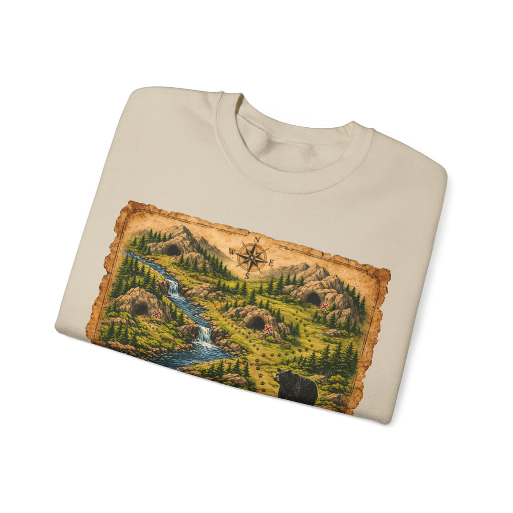 Bear Cave Treasure Map Unisex Crewneck Sweatshirt — Vintage Wilderness Map Graphic