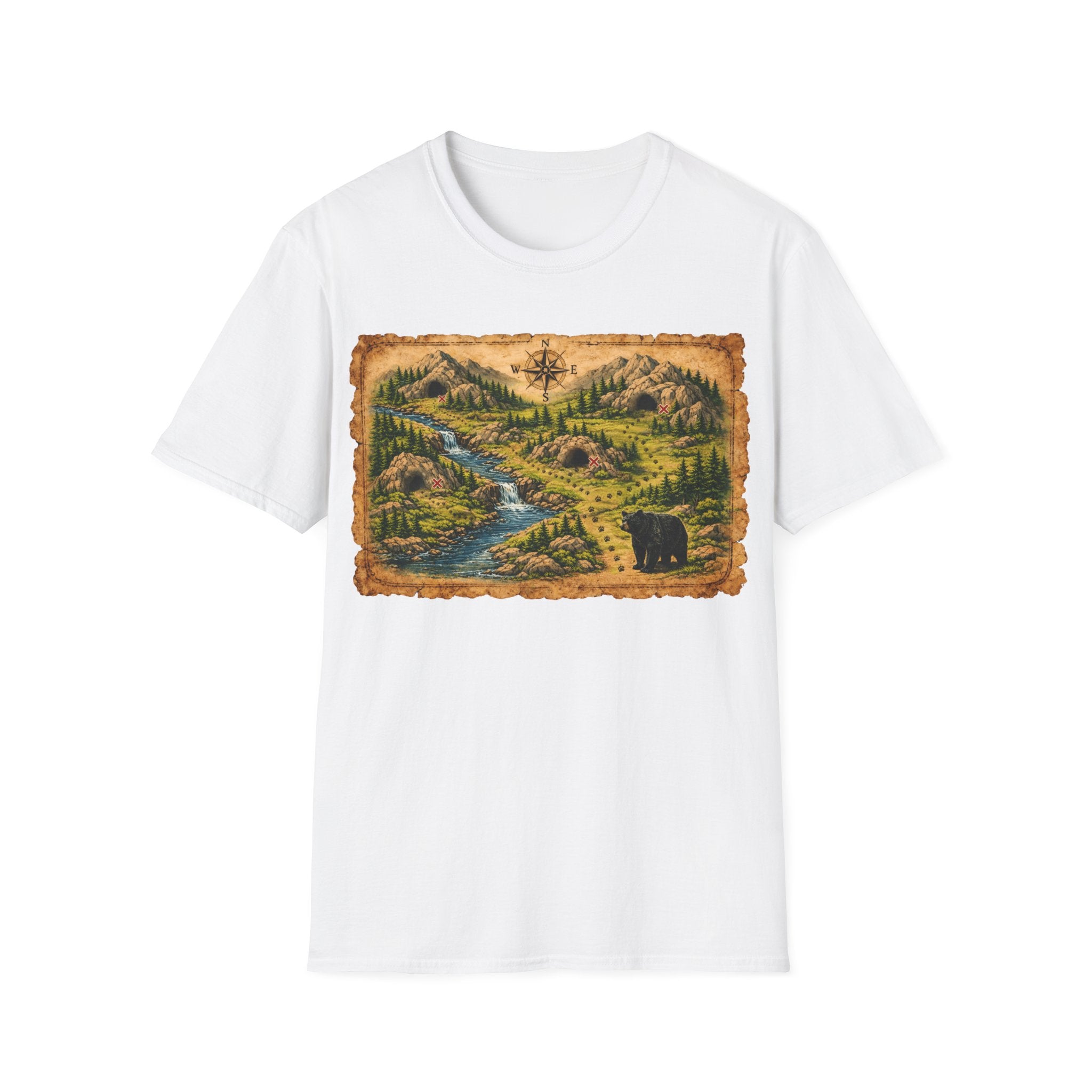 Adventure Map Unisex T-Shirt — Vintage Hiking Map with River & Bear Art